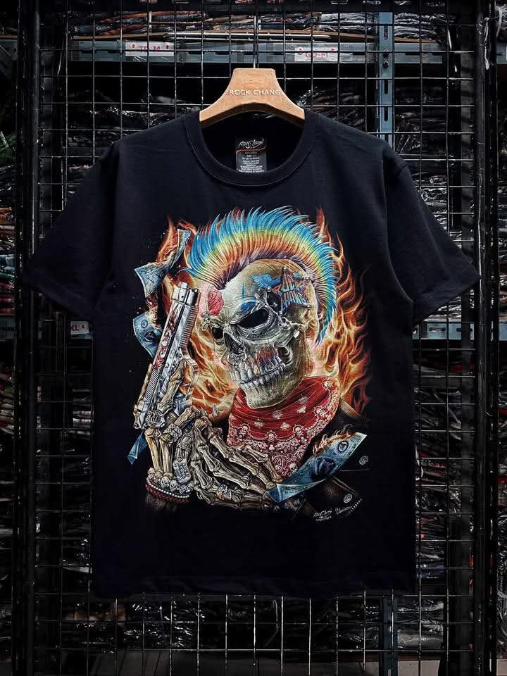 Image of Rock Chang × Dinos — Flaming Skull Revolver Tee | 100% Cotton Premium Oversized Streetwear - DINOS FASHION