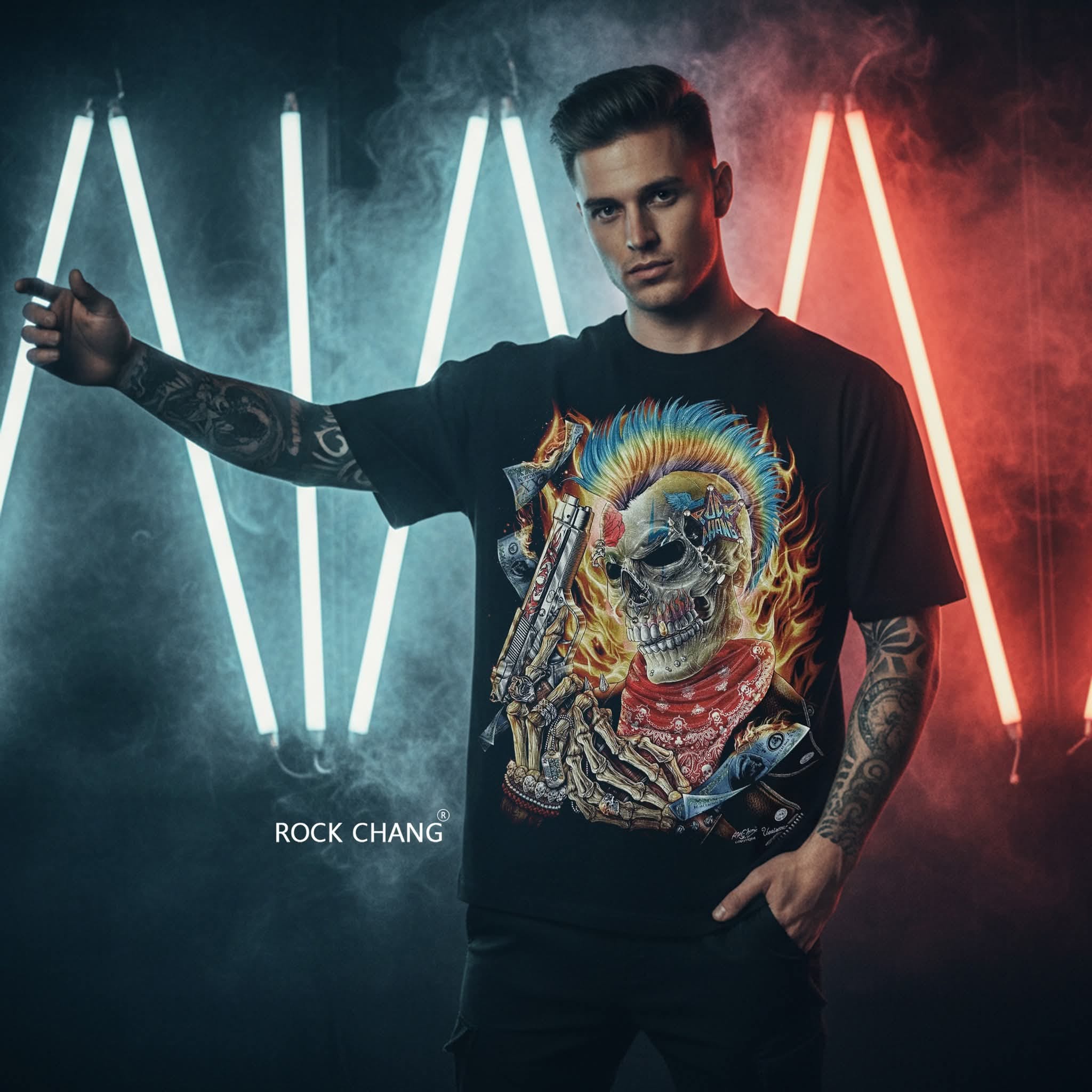 Image of Rock Chang × Dinos — Flaming Skull Revolver Tee | 100% Cotton Premium Oversized Streetwear - DINOS FASHION