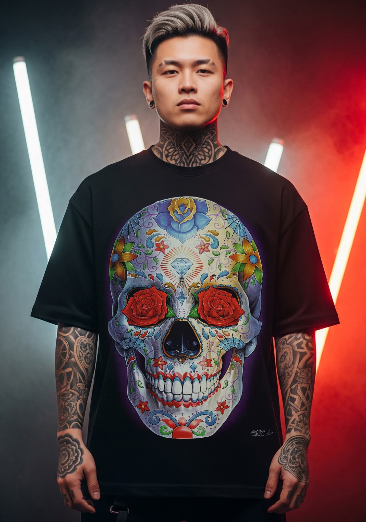 Rock Chang Sugar Skull – Vivid Floral Limited Edition Premium Oversized Tee | Dinos One-of-One Collection - DINOS FASHION