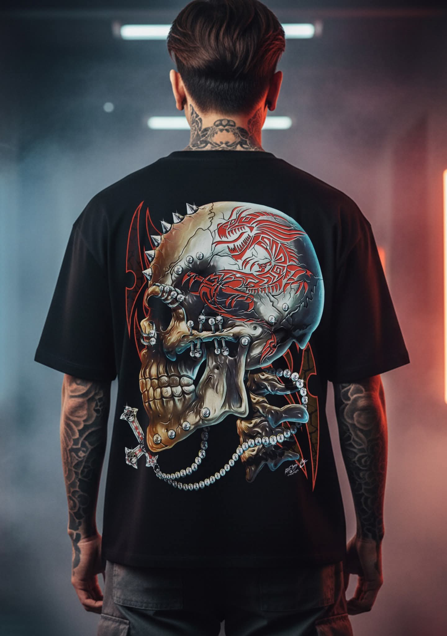 Image of Rock Chang Spiked Skull Dragon – Limited Edition Premium Oversized Tee | Dinos One-of-One Collection - DINOS FASHION