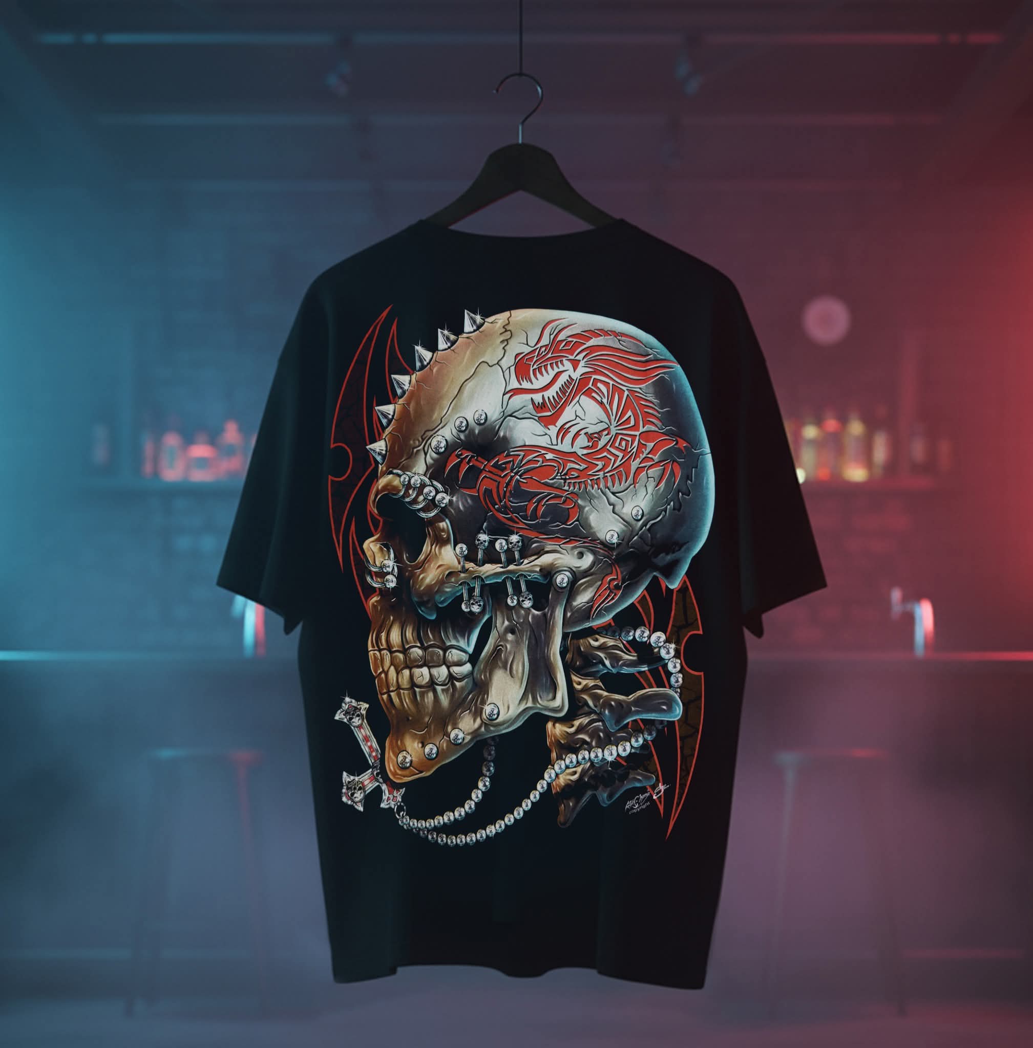 Image of Rock Chang Spiked Skull Dragon – Limited Edition Premium Oversized Tee | Dinos One-of-One Collection - DINOS FASHION