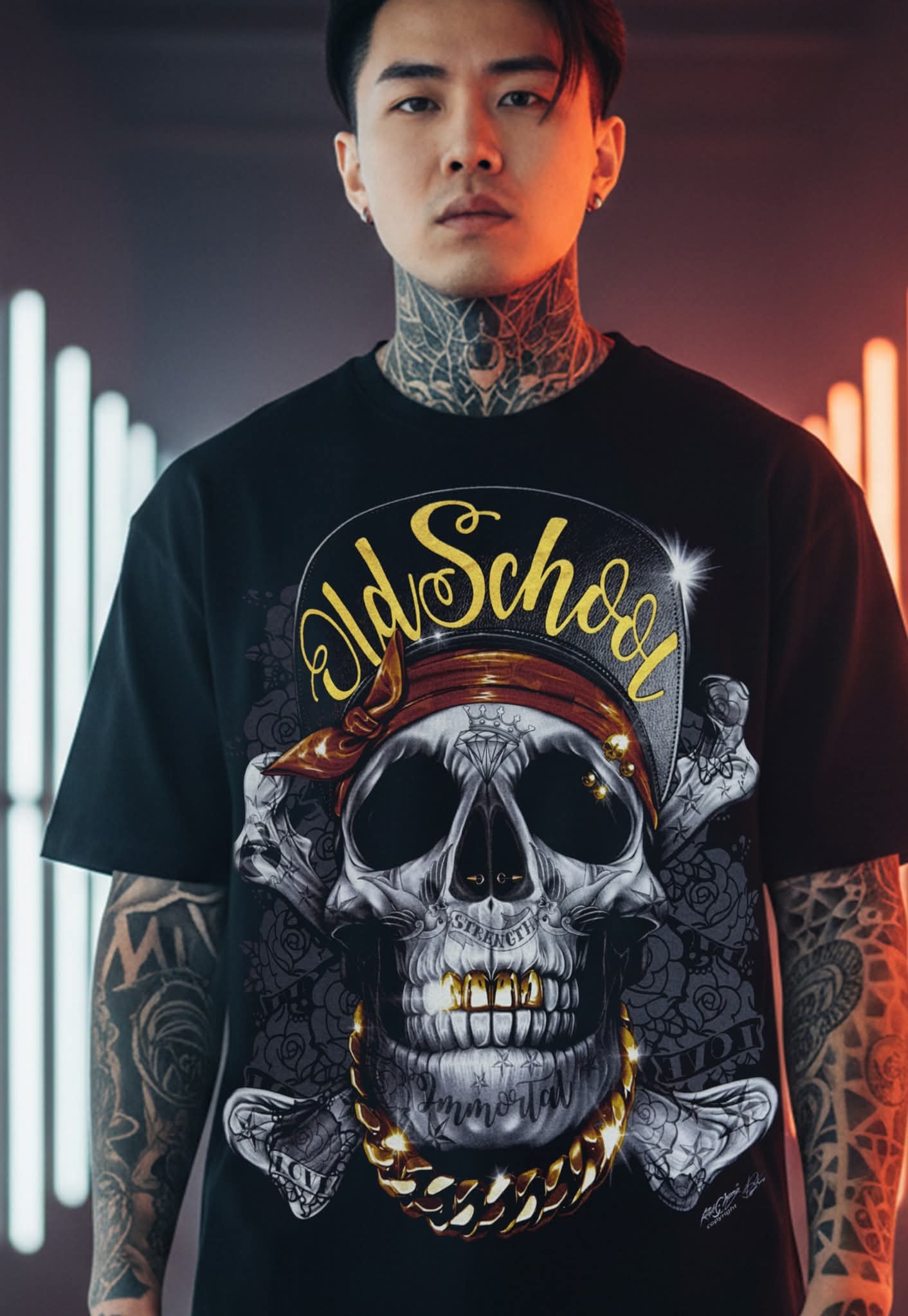 Image of Rock Chang Old School Skull – Limited Edition Premium Oversized Tee | Dinos One-of-One Collection - DINOS FASHION