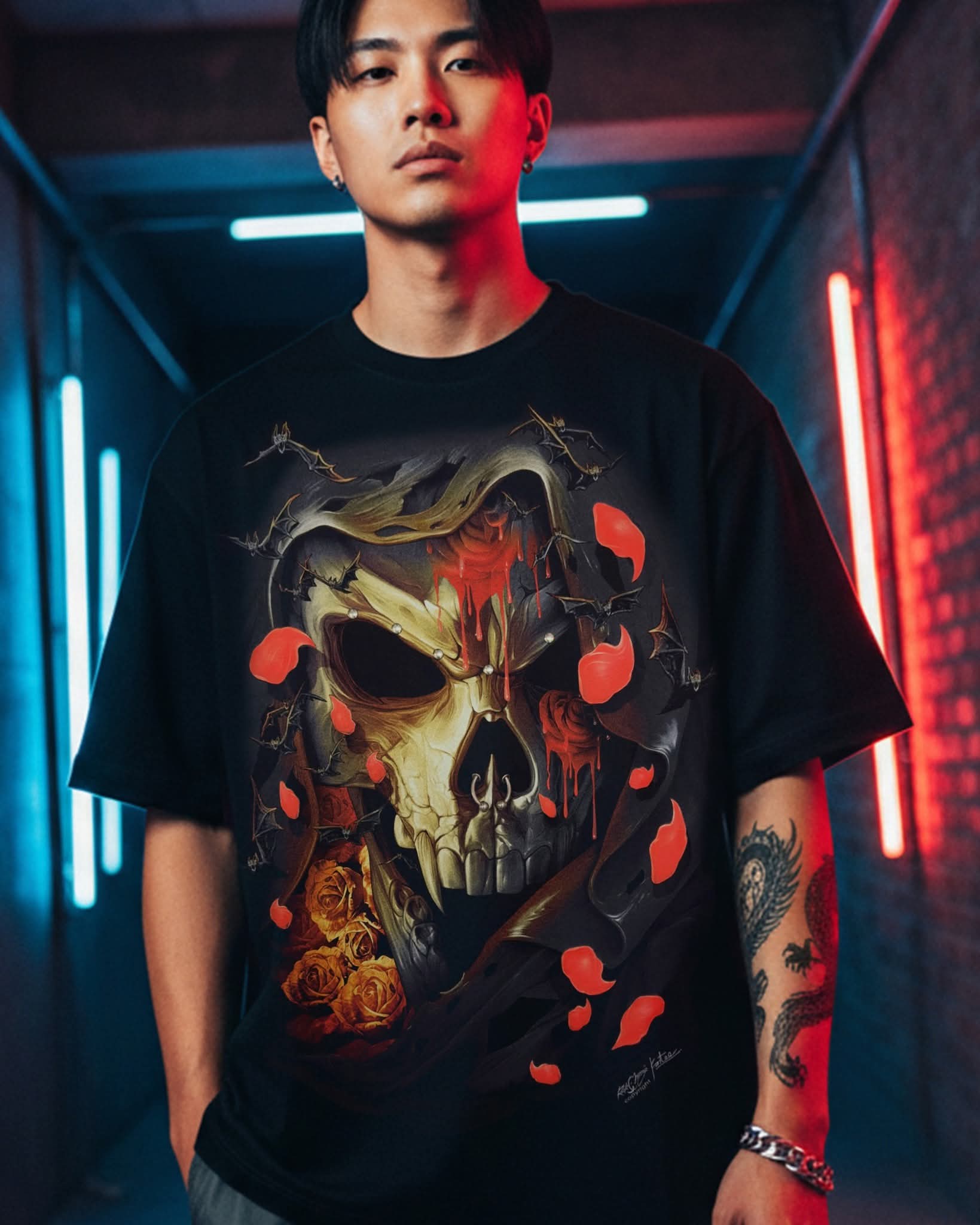 Image of Rock Chang Crimson Skull – Limited Edition Premium Oversized Tee | Dinos One-of-One Collection - DINOS FASHION