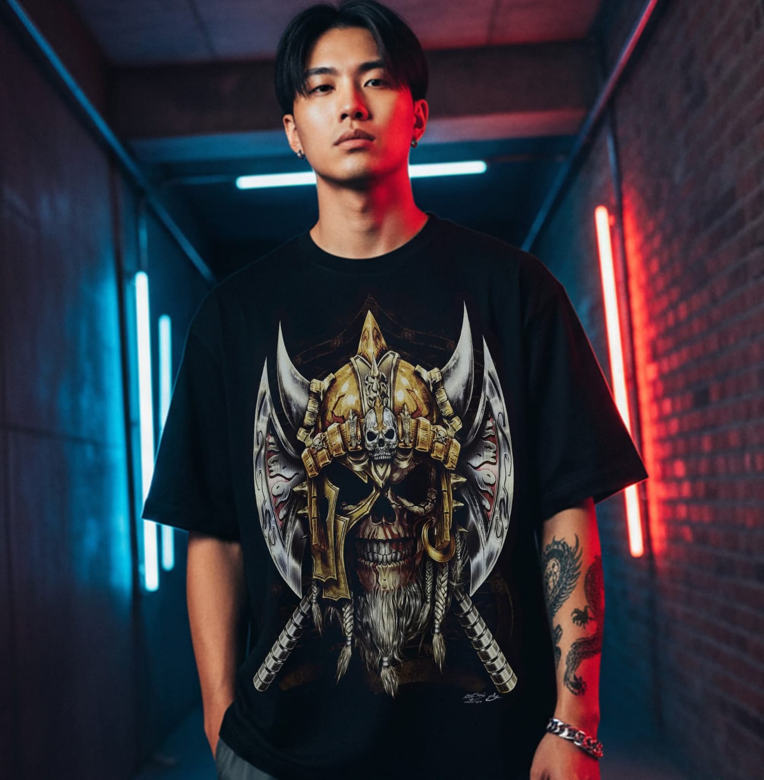 Rock Chang × Dinos — Samurai Skull Warrior | Premium 100% Cotton Oversized Tee - DINOS FASHION