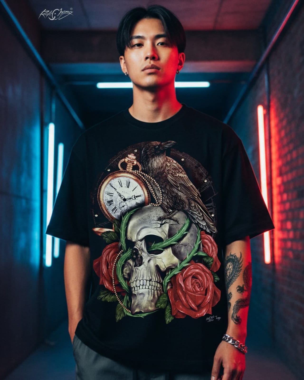 Rock Chang × Dinos — TIMELESS RAVEN – Skull & Roses | Premium 100% Cotton Oversized Tee