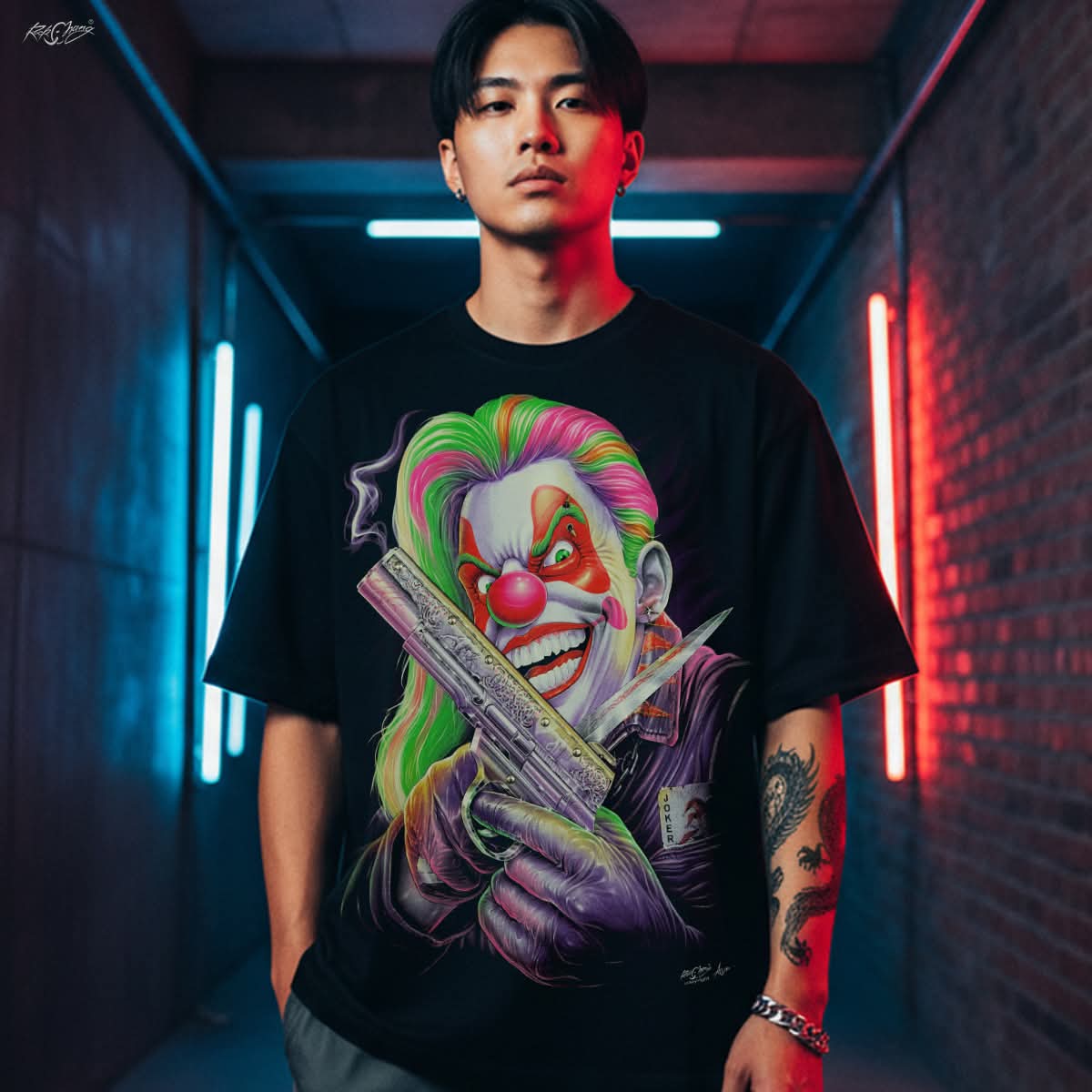 Rock Chang × Dinos — CRAZY SMILE – Neon Killer Clown | Premium 100% Cotton Oversized Tee