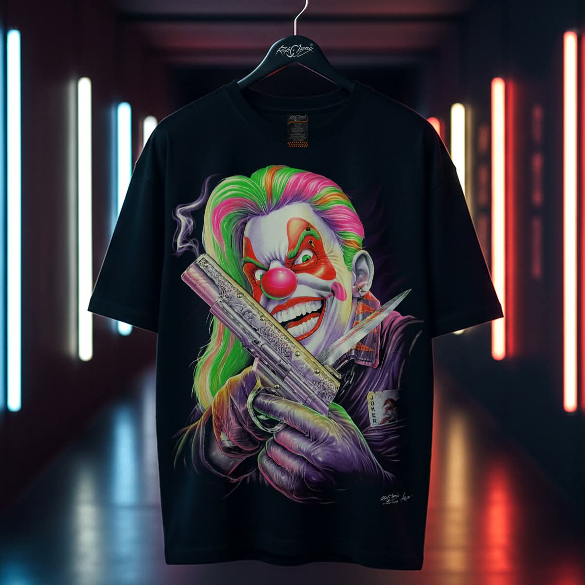 Rock Chang × Dinos — CRAZY SMILE – Neon Killer Clown | Premium 100% Cotton Oversized Tee