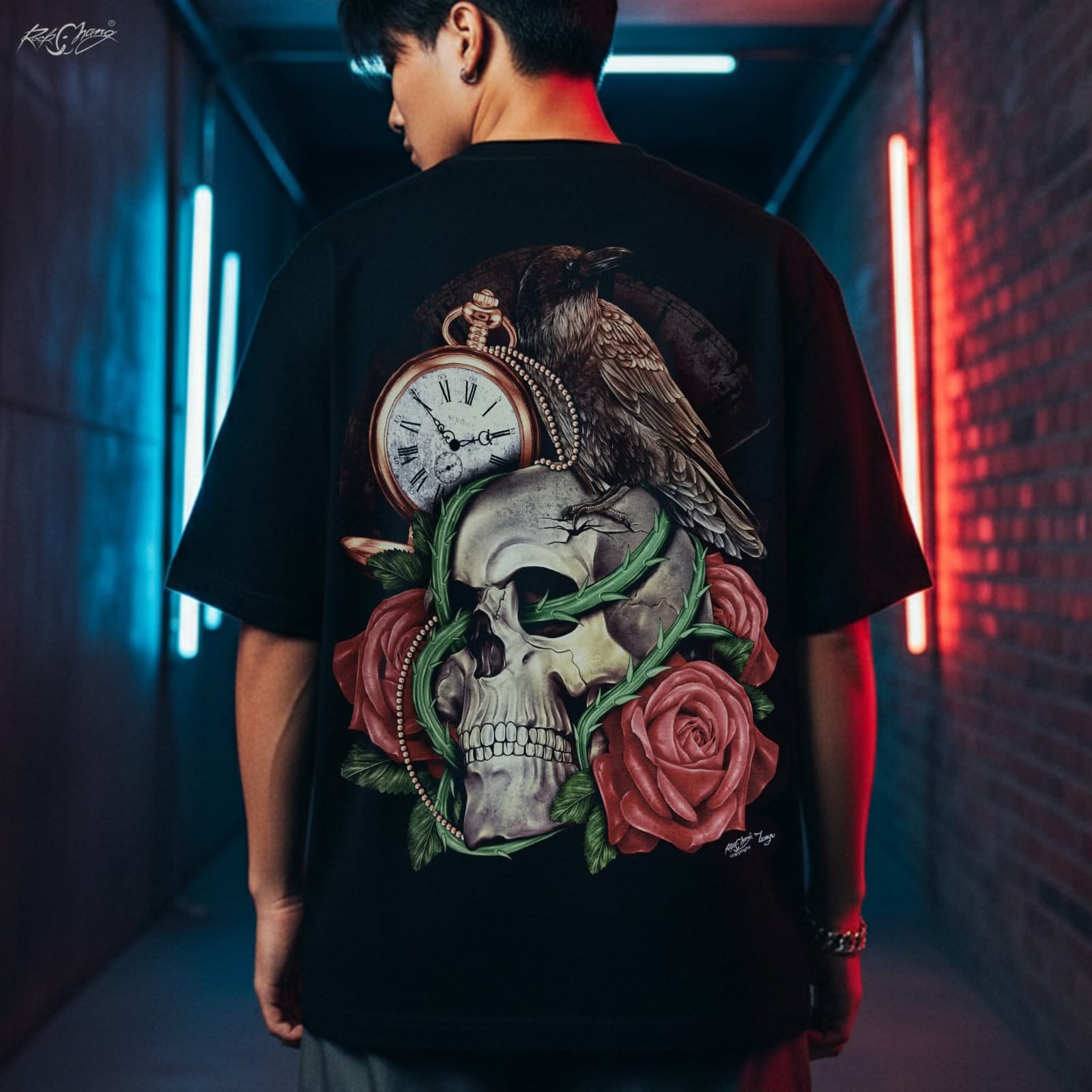 Image of Rock Chang × Dinos — TIMELESS RAVEN – Skull & Roses | Premium 100% Cotton Oversized Tee