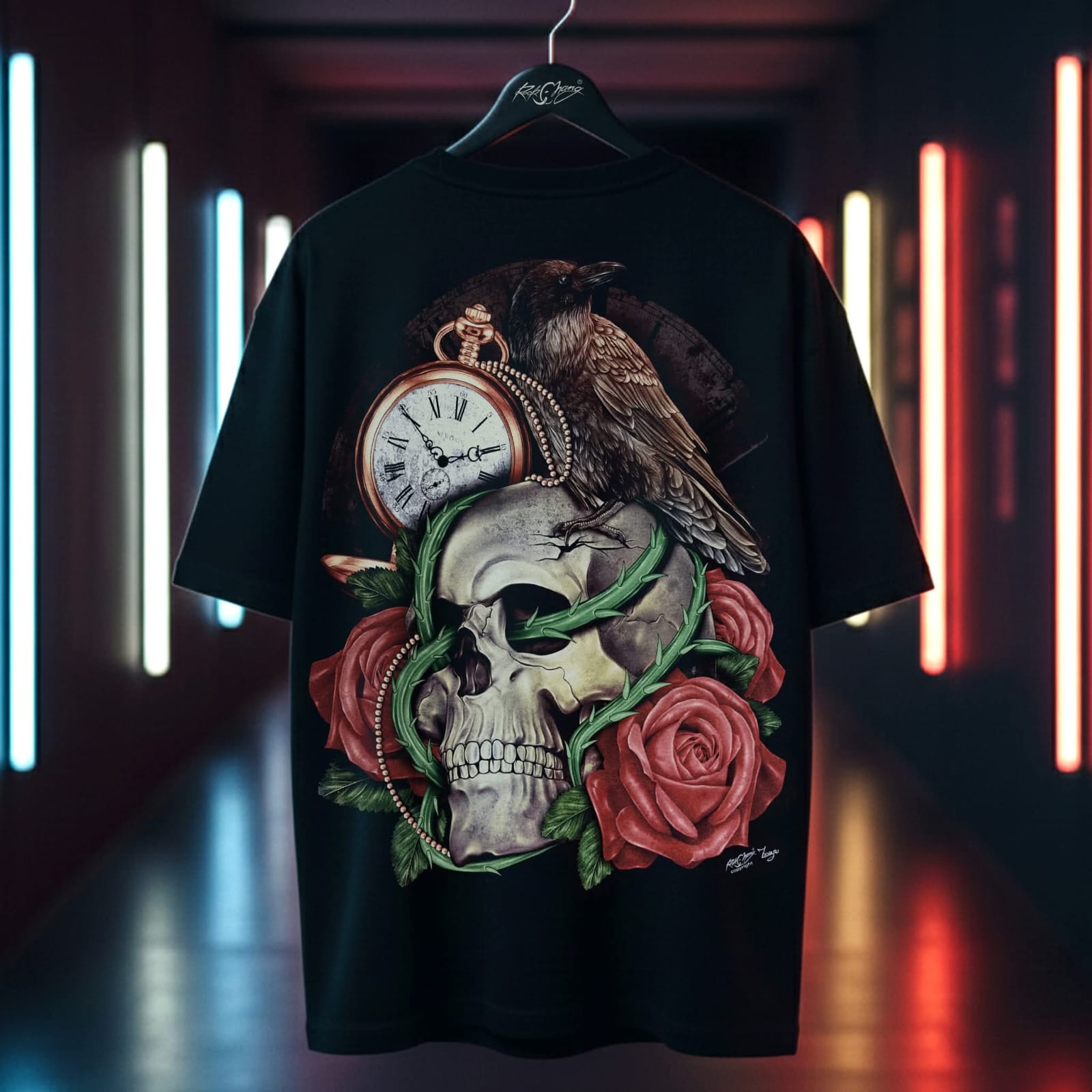 Rock Chang × Dinos — TIMELESS RAVEN – Skull & Roses | Premium 100% Cotton Oversized Tee