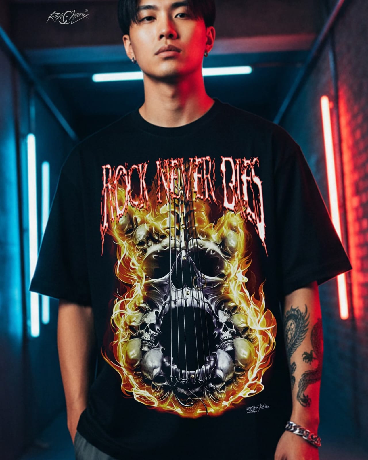 Rock Chang × Dinos — ROCK NEVER DIES – Flaming Skull Guitar | Premium 100% Cotton Oversized Tee