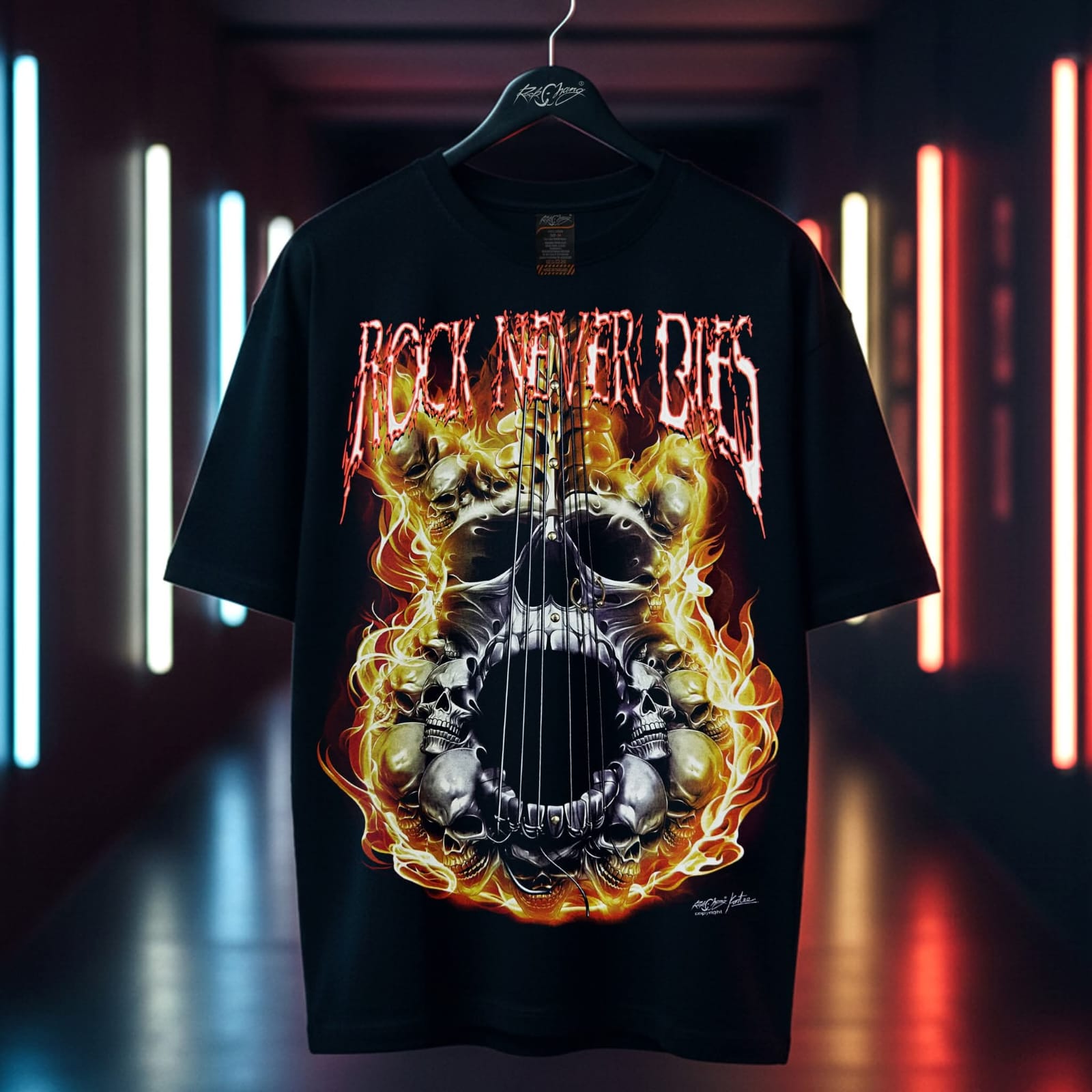 Rock Chang × Dinos — ROCK NEVER DIES – Flaming Skull Guitar | Premium 100% Cotton Oversized Tee