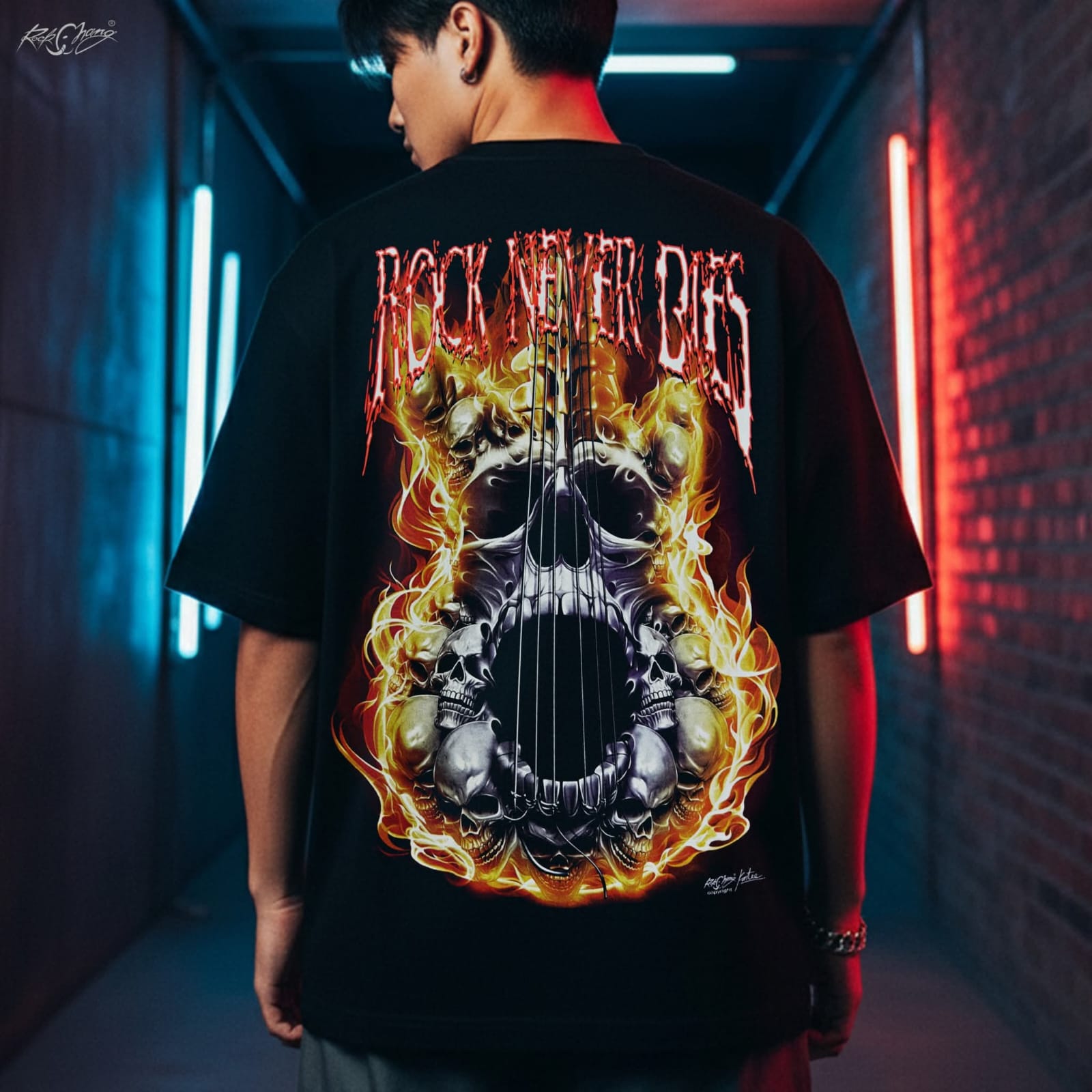 Image of Rock Chang × Dinos — ROCK NEVER DIES – Flaming Skull Guitar | Premium 100% Cotton Oversized Tee