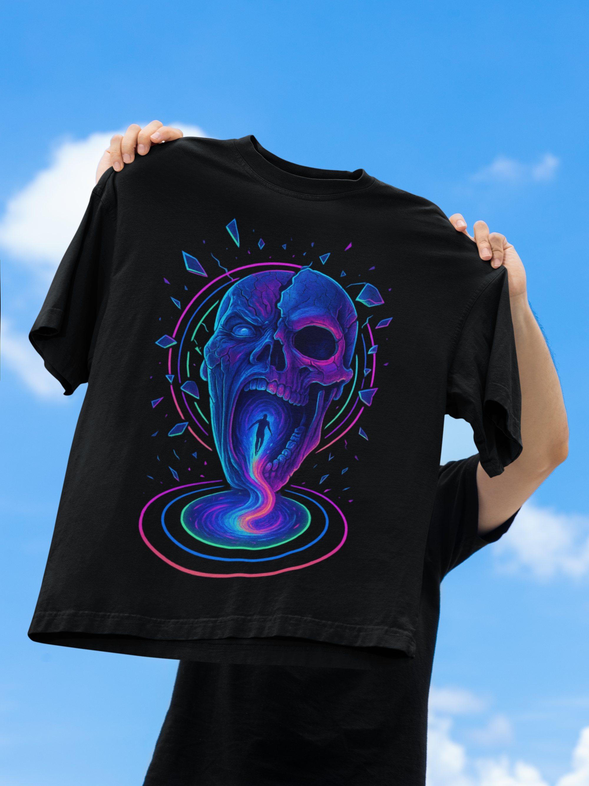 Dinos “Neon Abyss” Oversized T-Shirt | Glowing Skull Portal | Premium 100% Cotton Cyber Streetwear - DINOS FASHION