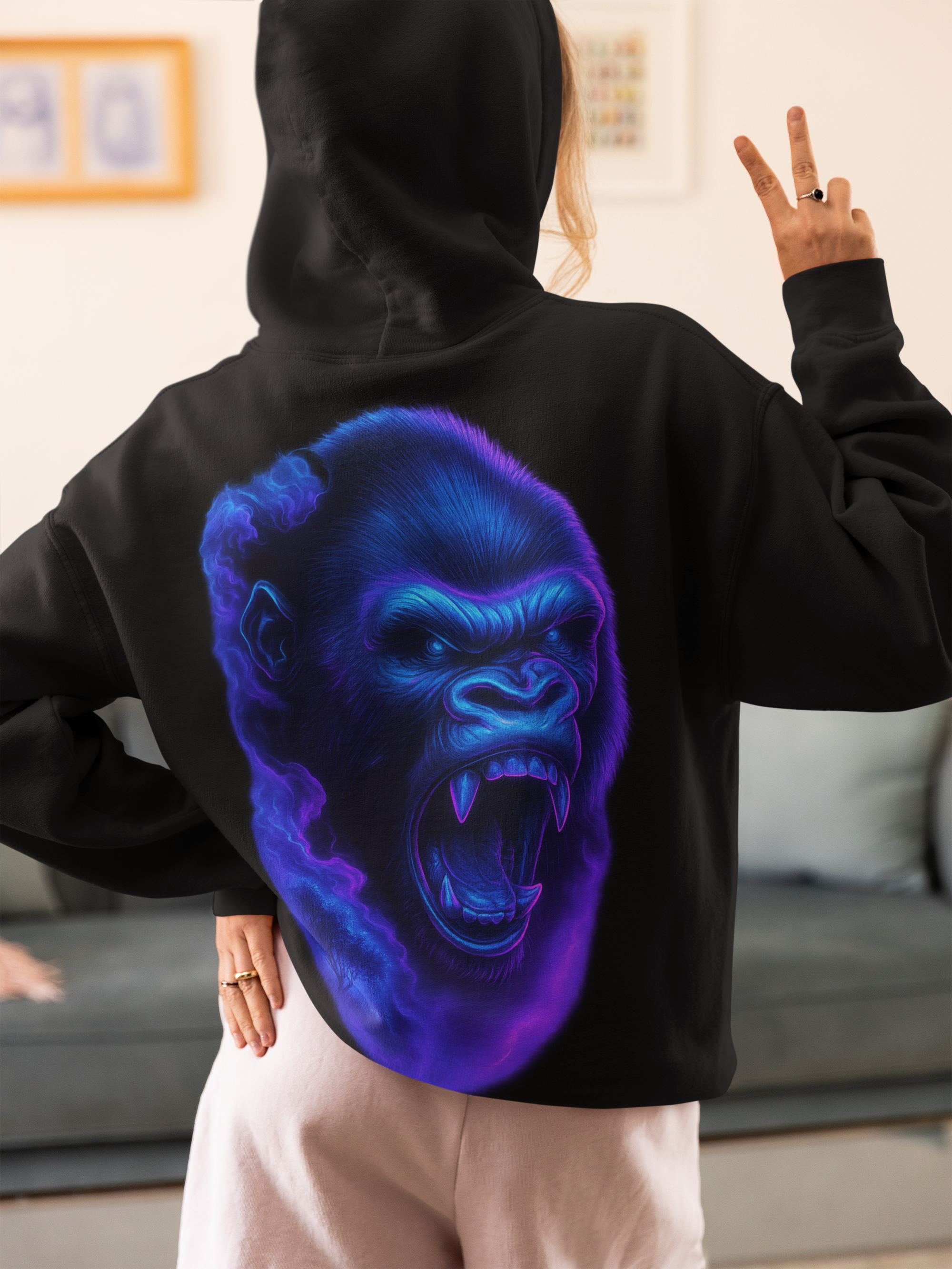 Dinos “Neon Gorilla” Hoodie | One-of-One Ultra-Premium Streetwear | Fluorescent Blue & Violet Glow | by Dinos - DINOS FASHION