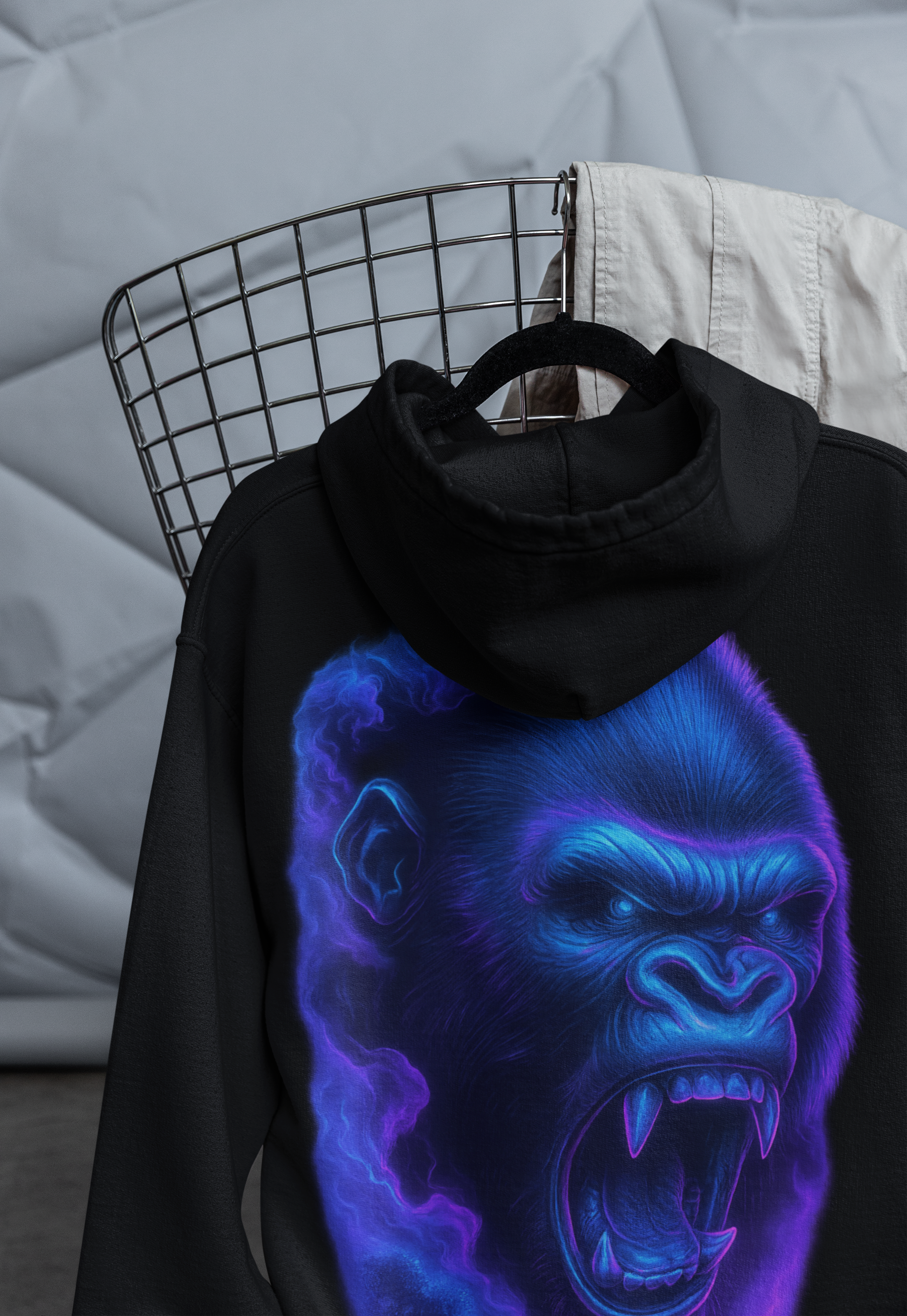 Image of Dinos “Neon Gorilla” Hoodie | One-of-One Ultra-Premium Streetwear | Fluorescent Blue & Violet Glow | by Dinos - DINOS FASHION