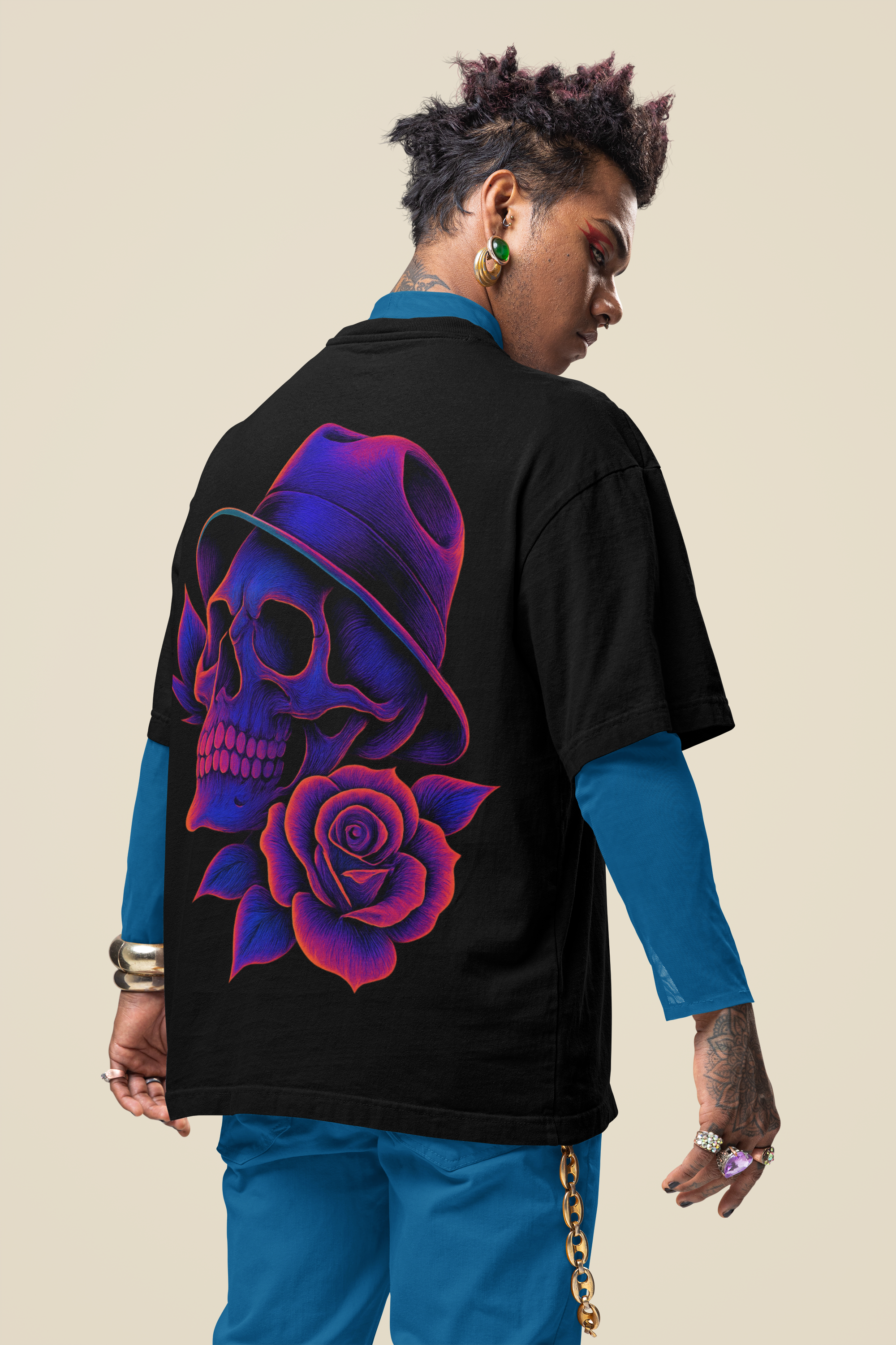 Image of Dinos “Midnight Rose” Oversized T-Shirt | Neon Skull with Fedora | Premium 100% Cotton Streetwear Art Tee - DINOS FASHION