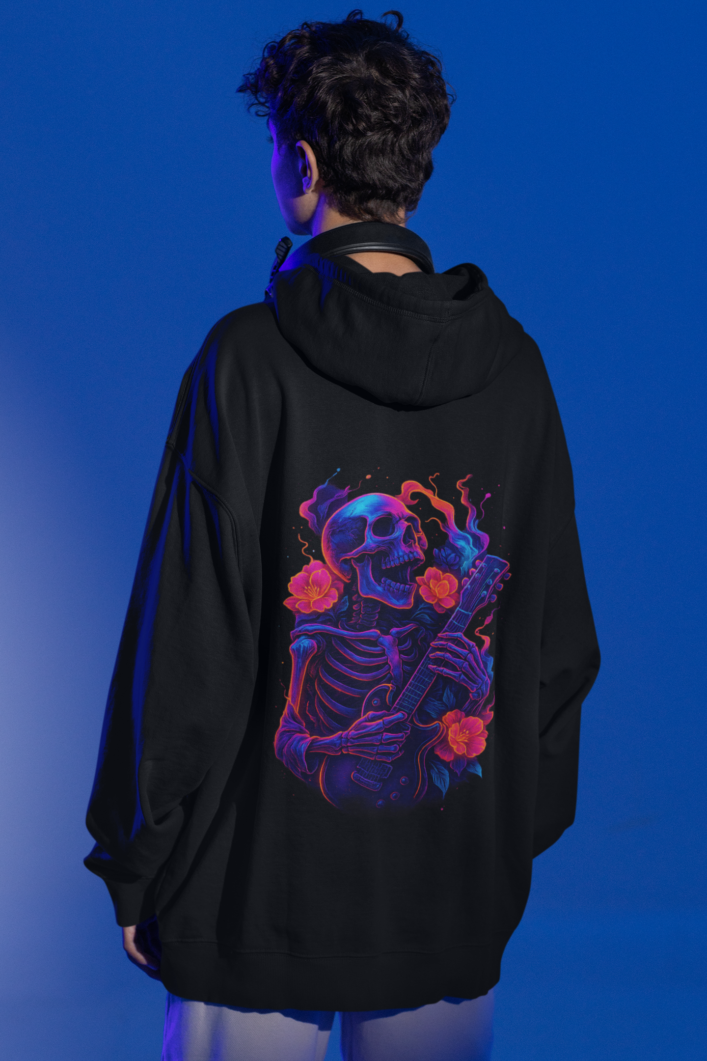 Image of Dinos “Neon Skeleton Guitarist” Oversized Hoodie | One-of-One Limited Edition | Psychedelic Streetwear - DINOS FASHION