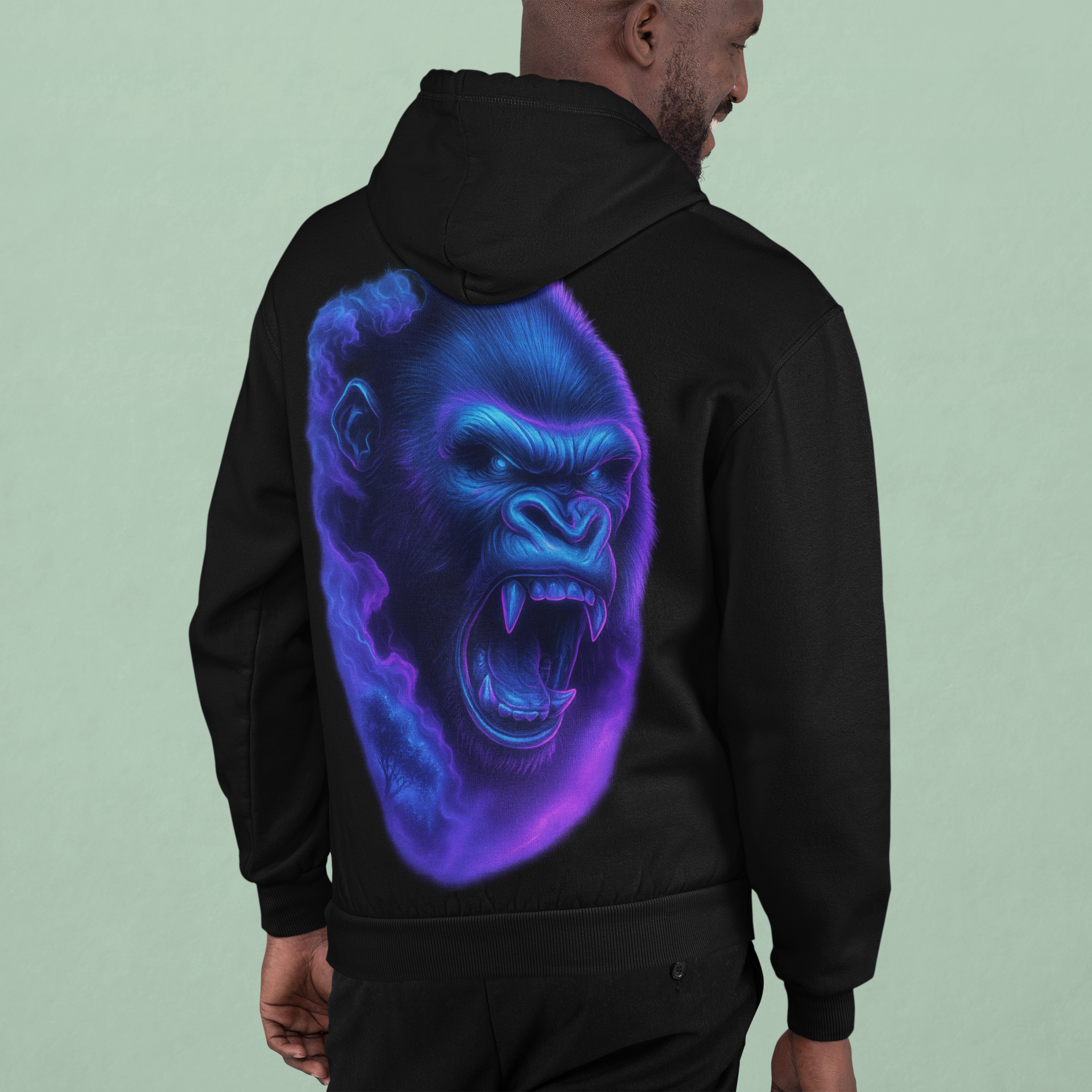 Dinos “Neon Gorilla” Hoodie | One-of-One Ultra-Premium Streetwear | Fluorescent Blue & Violet Glow | by Dinos - DINOS FASHION