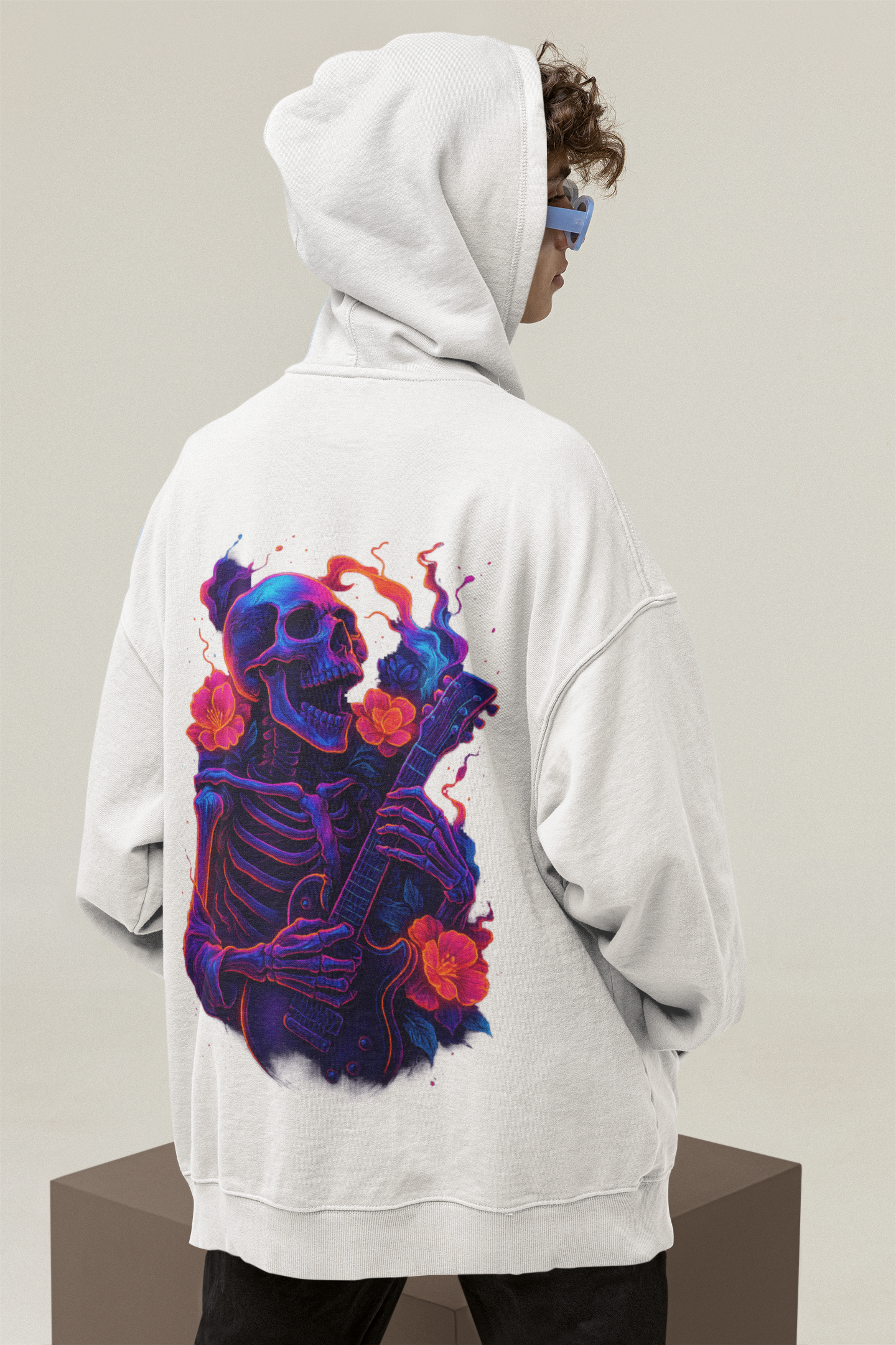 Dinos “Neon Skeleton Guitarist” Oversized Hoodie | One-of-One Limited Edition | Psychedelic Streetwear - DINOS FASHION