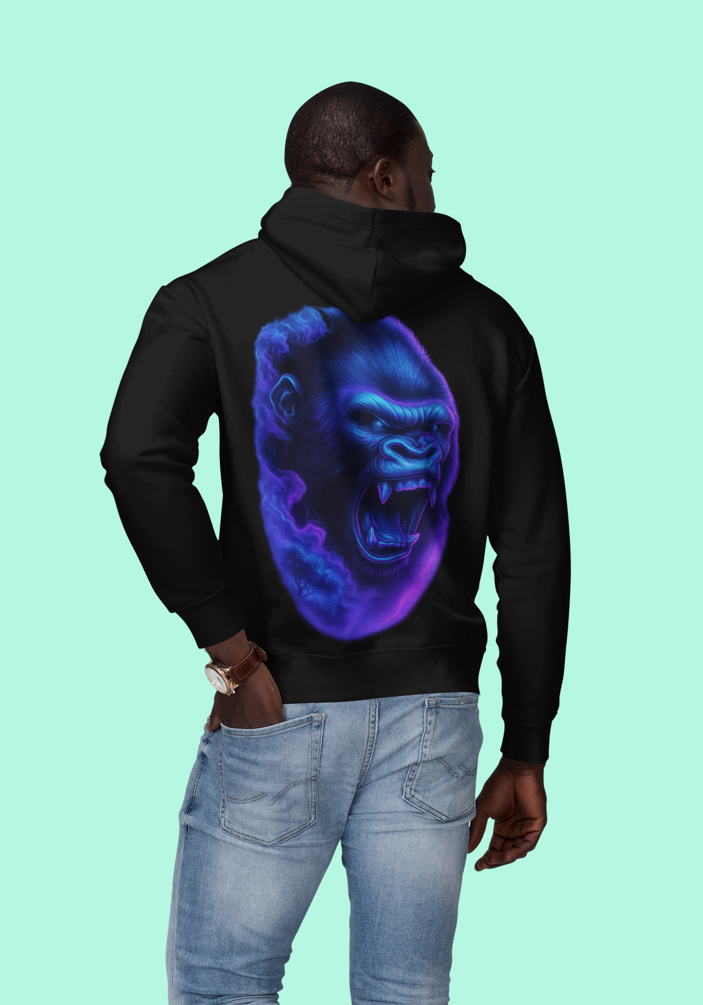 Dinos “Neon Gorilla” Hoodie | One-of-One Ultra-Premium Streetwear | Fluorescent Blue & Violet Glow | by Dinos - DINOS FASHION