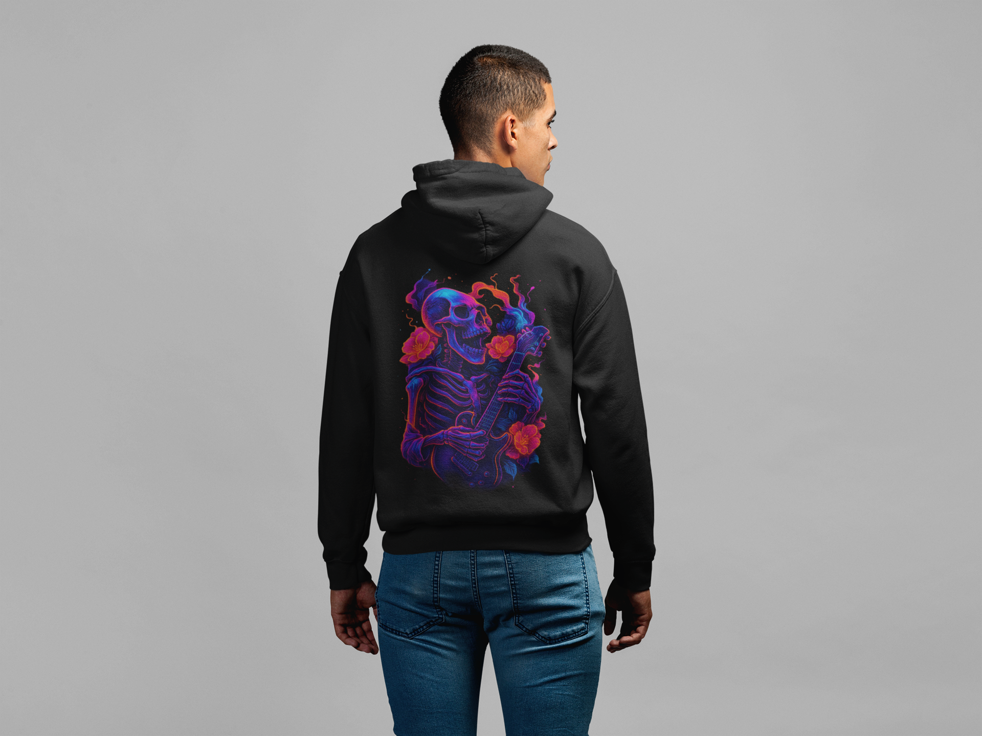 Image of Dinos “Neon Skeleton Guitarist” Oversized Hoodie | One-of-One Limited Edition | Psychedelic Streetwear - DINOS FASHION