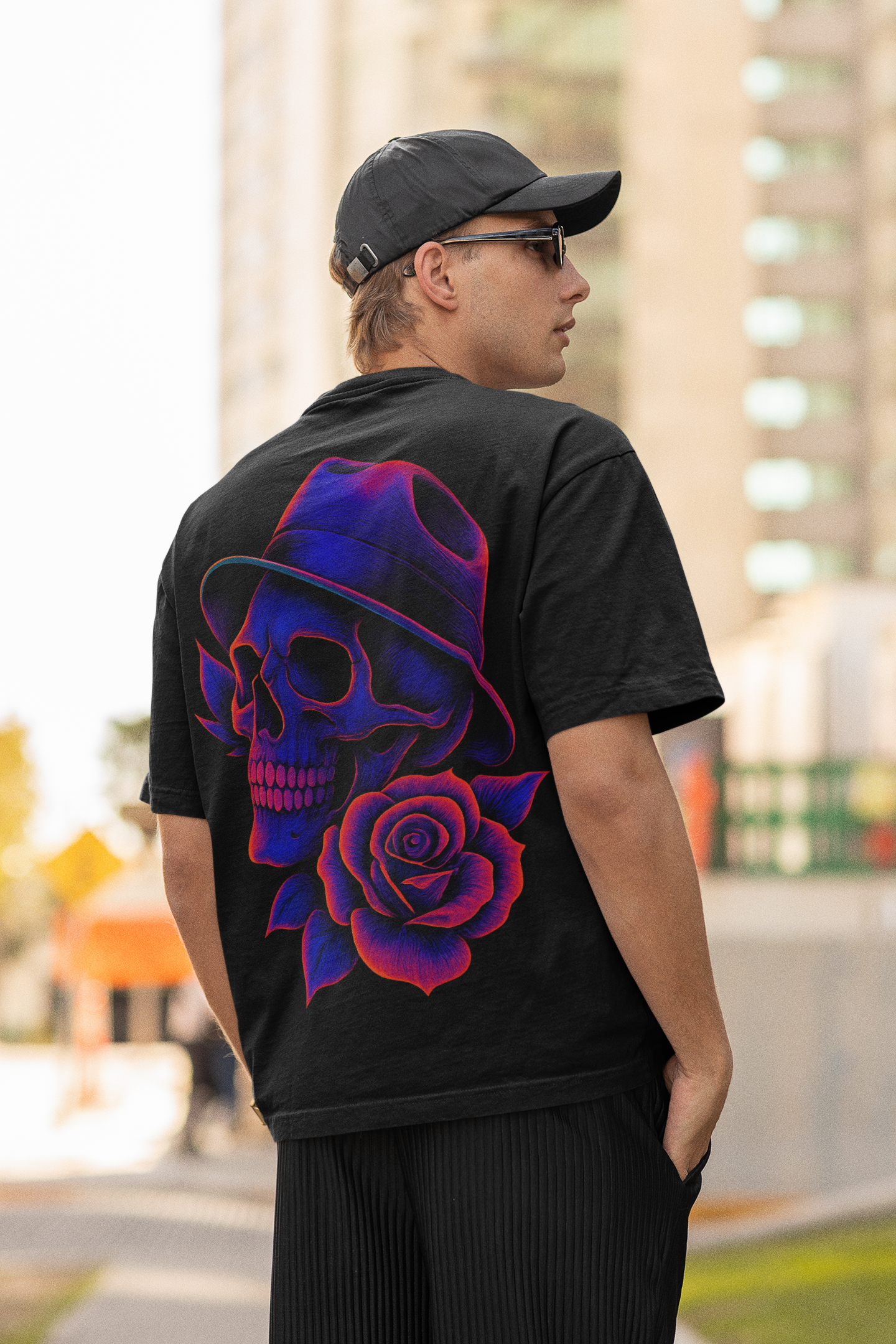 Dinos “Midnight Rose” Oversized T-Shirt | Neon Skull with Fedora | Premium 100% Cotton Streetwear Art Tee - DINOS FASHION