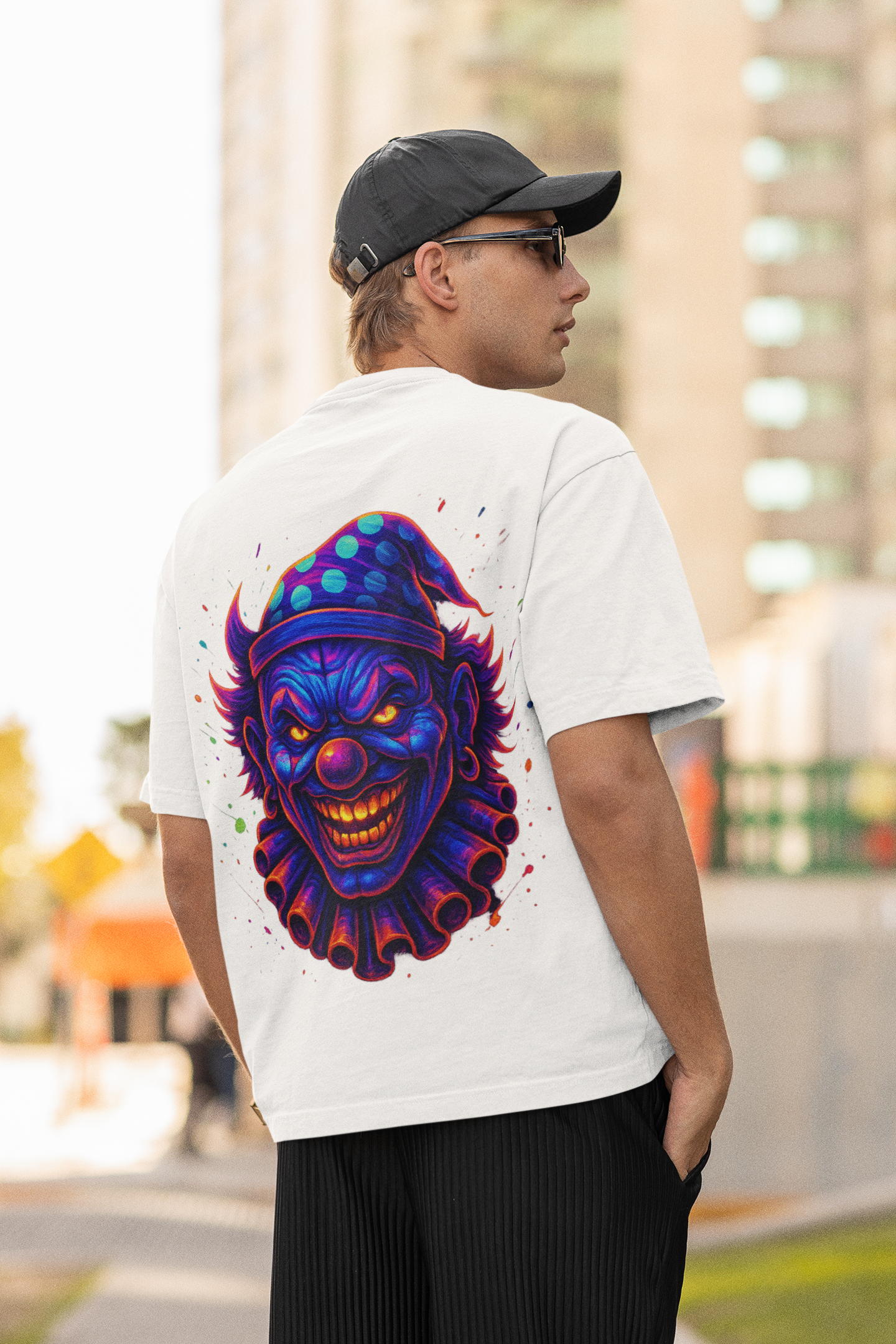 Dinos “Neon Madness” Oversized T-Shirt | Evil Clown Glow Design | Premium 100% Cotton Cyber Streetwear - DINOS FASHION