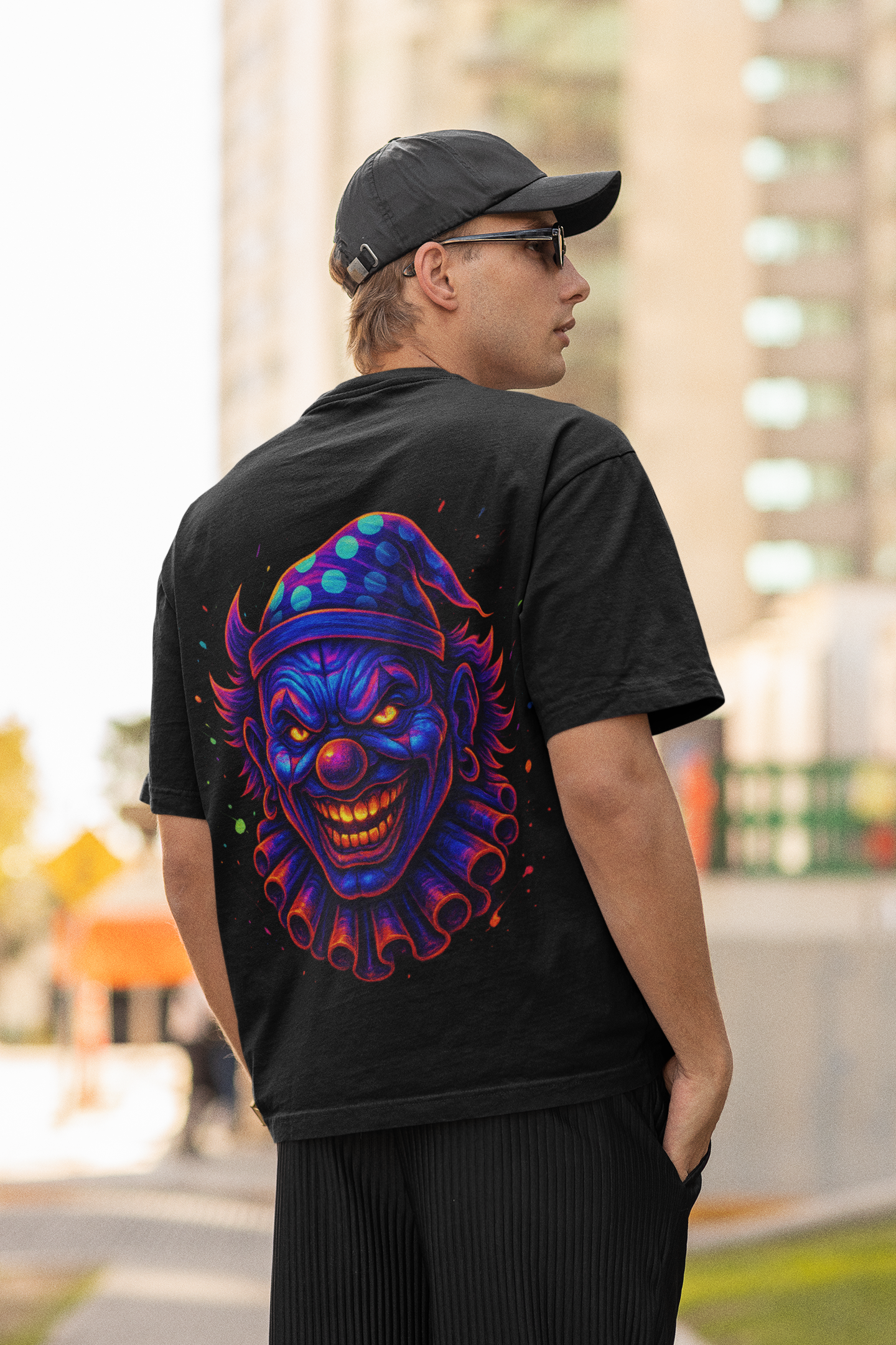 Dinos “Neon Madness” Oversized T-Shirt | Evil Clown Glow Design | Premium 100% Cotton Cyber Streetwear - DINOS FASHION