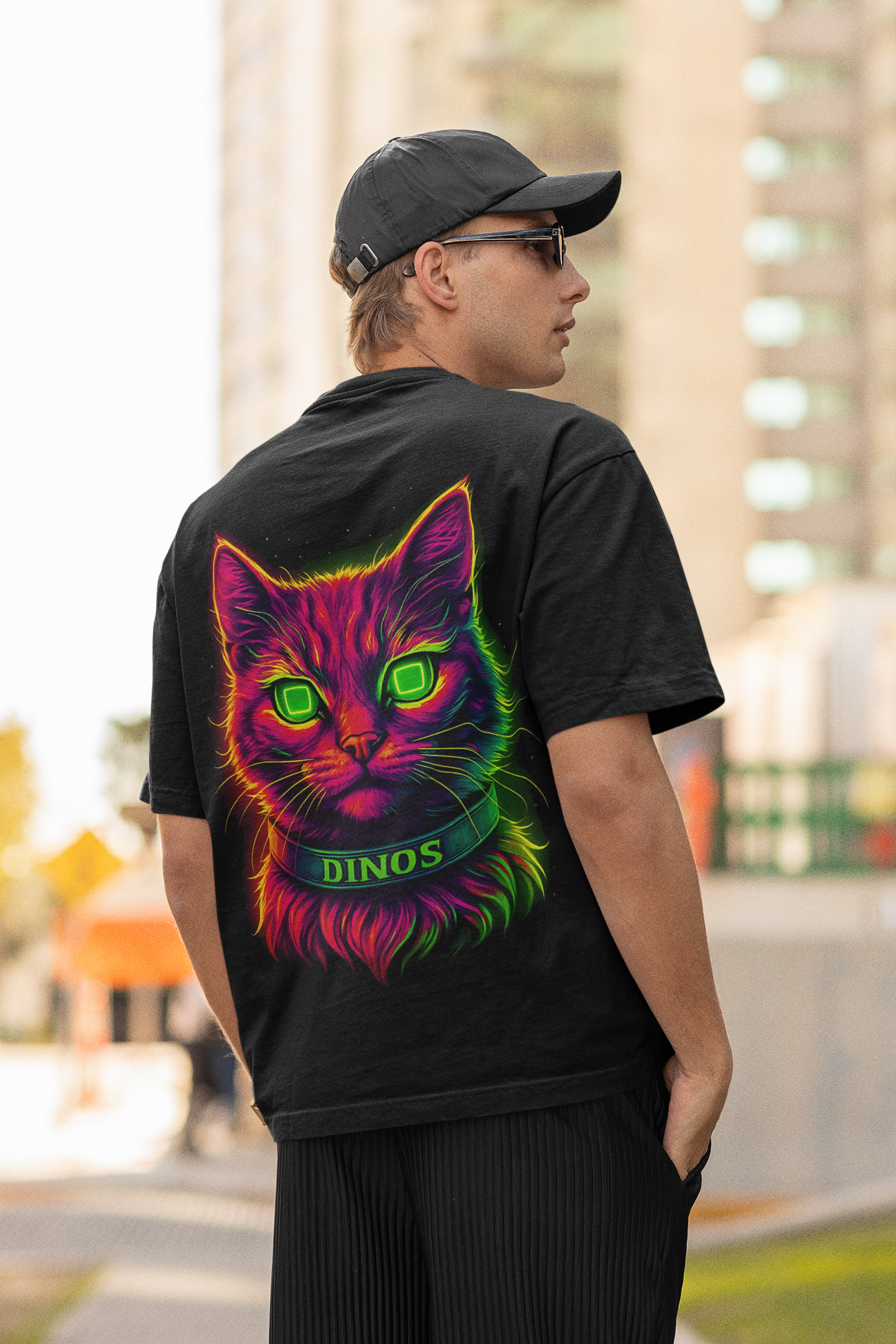 DINOS CAT OVERSIZED Unisex T-Shirt | Neon Cat Graphic Oversized Streetwear Tee
