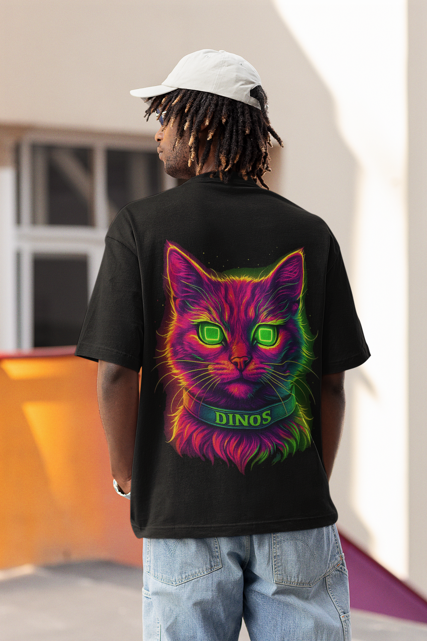 Image of DINOS CAT OVERSIZED Unisex T-Shirt | Neon Cat Graphic Oversized Streetwear Tee