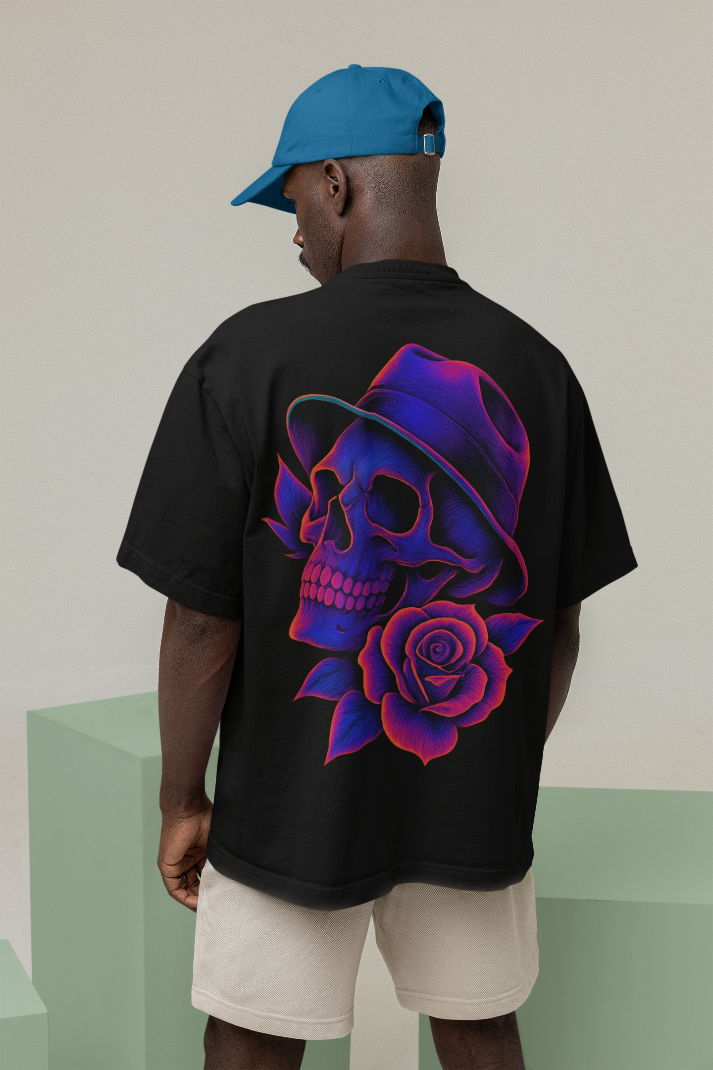 Dinos “Midnight Rose” Oversized T-Shirt | Neon Skull with Fedora | Premium 100% Cotton Streetwear Art Tee - DINOS FASHION