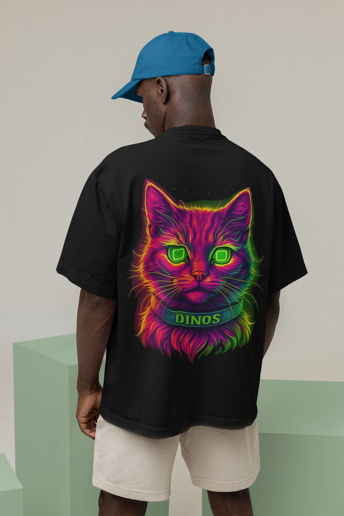 DINOS CAT OVERSIZED Unisex T-Shirt | Neon Cat Graphic Oversized Streetwear Tee