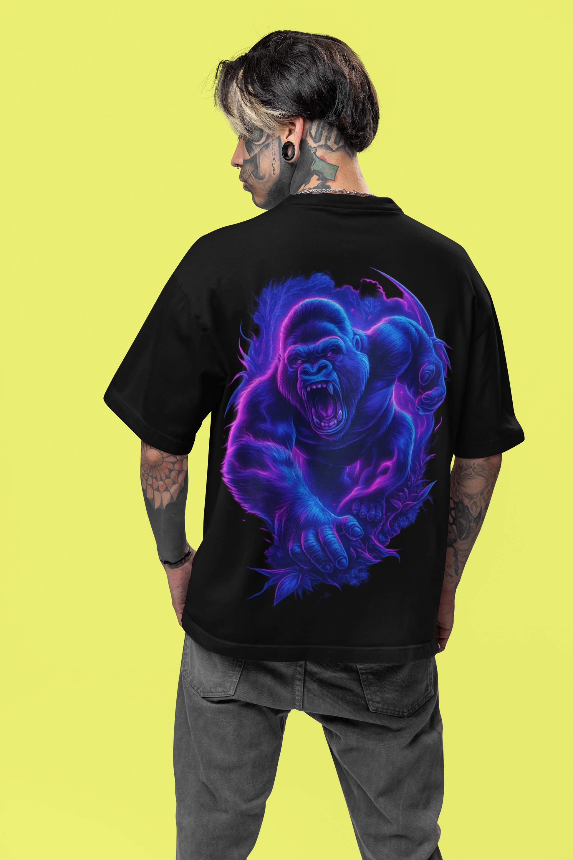 Dinos “Neon Gorilla” Oversized Heavyweight T-Shirt | Electric Blue Streetwear Beast | Premium 100% Cotton - DINOS FASHION