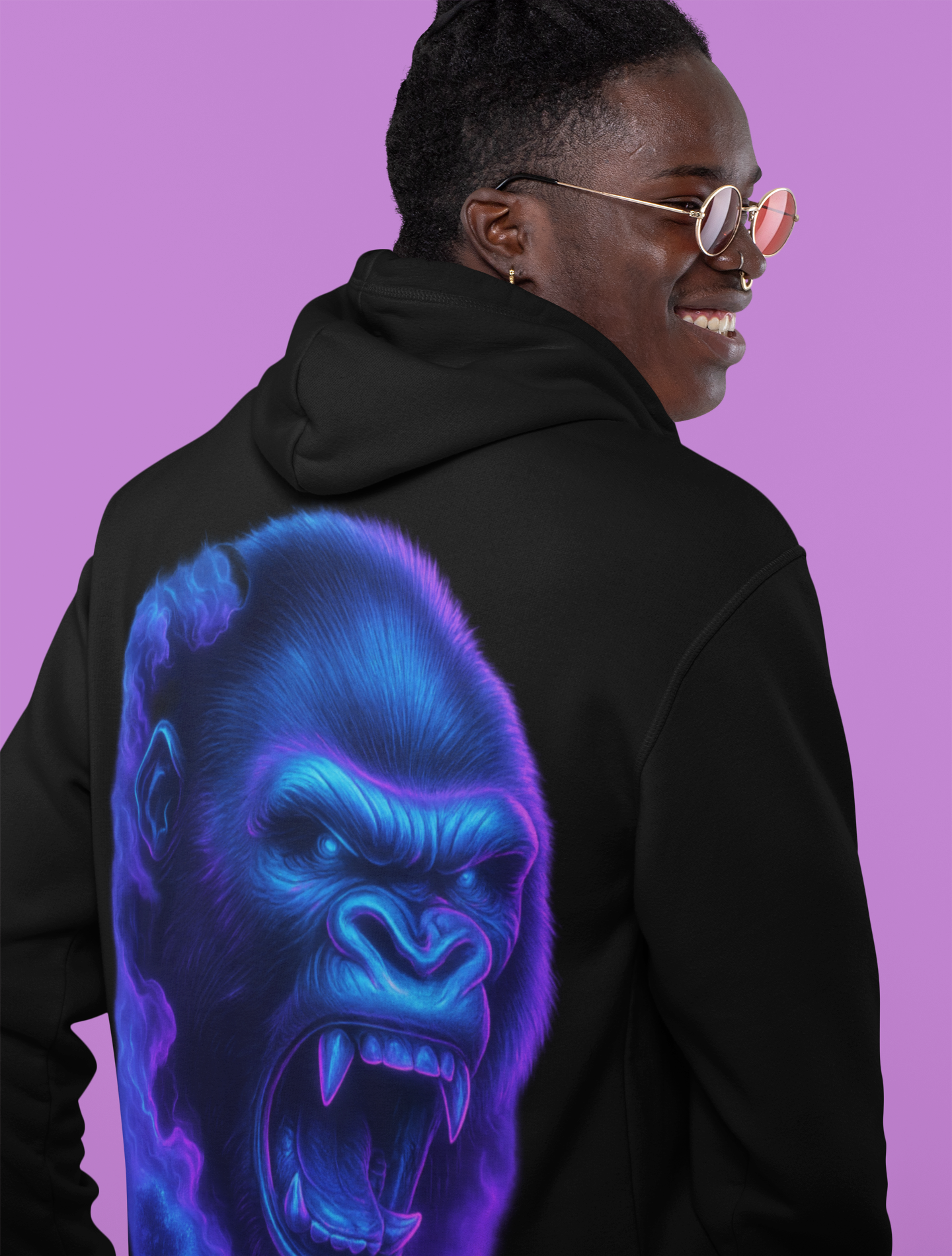 Dinos “Neon Gorilla” Hoodie | One-of-One Ultra-Premium Streetwear | Fluorescent Blue & Violet Glow | by Dinos - DINOS FASHION
