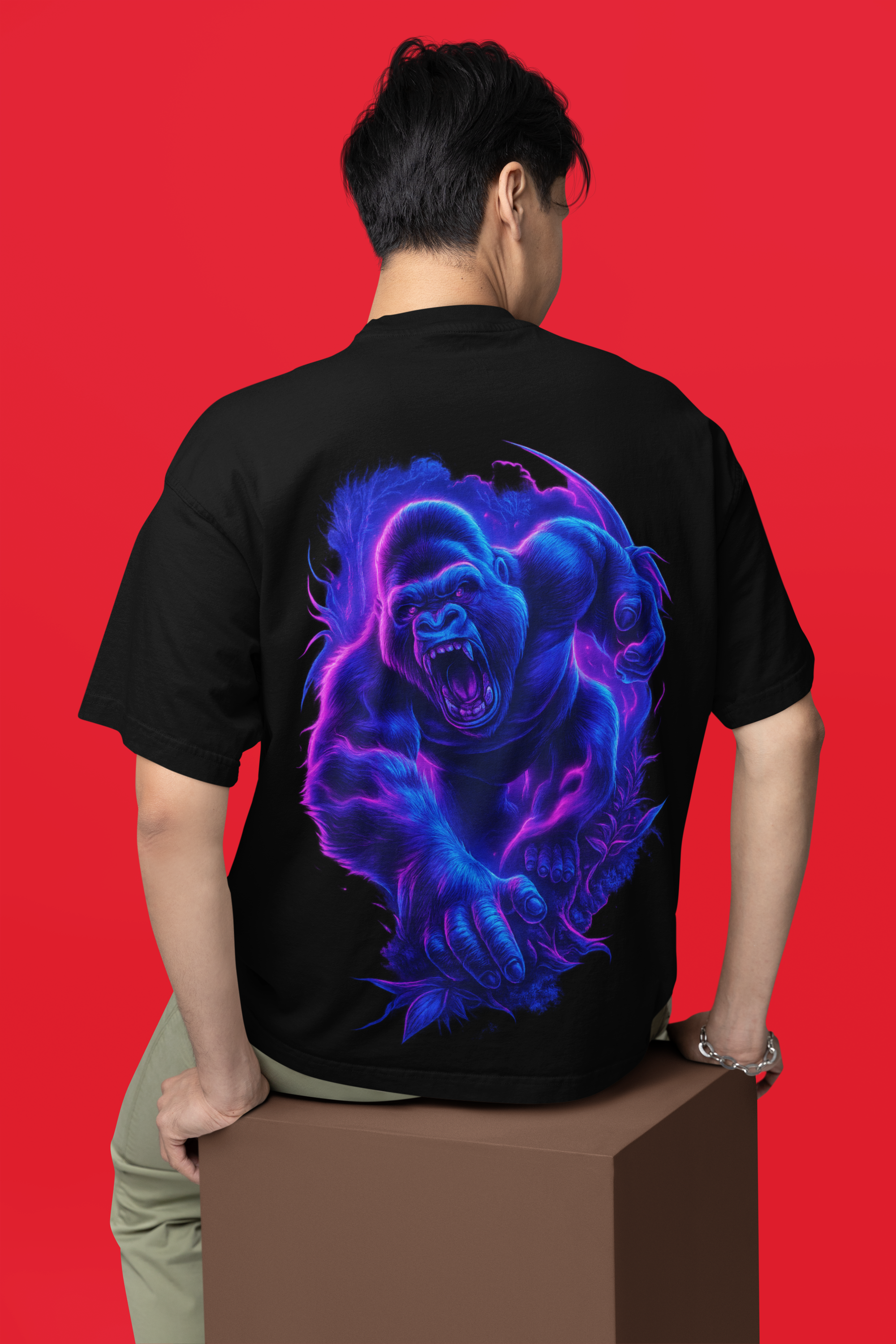 Image of Dinos “Neon Gorilla” Oversized Heavyweight T-Shirt | Electric Blue Streetwear Beast | Premium 100% Cotton - DINOS FASHION