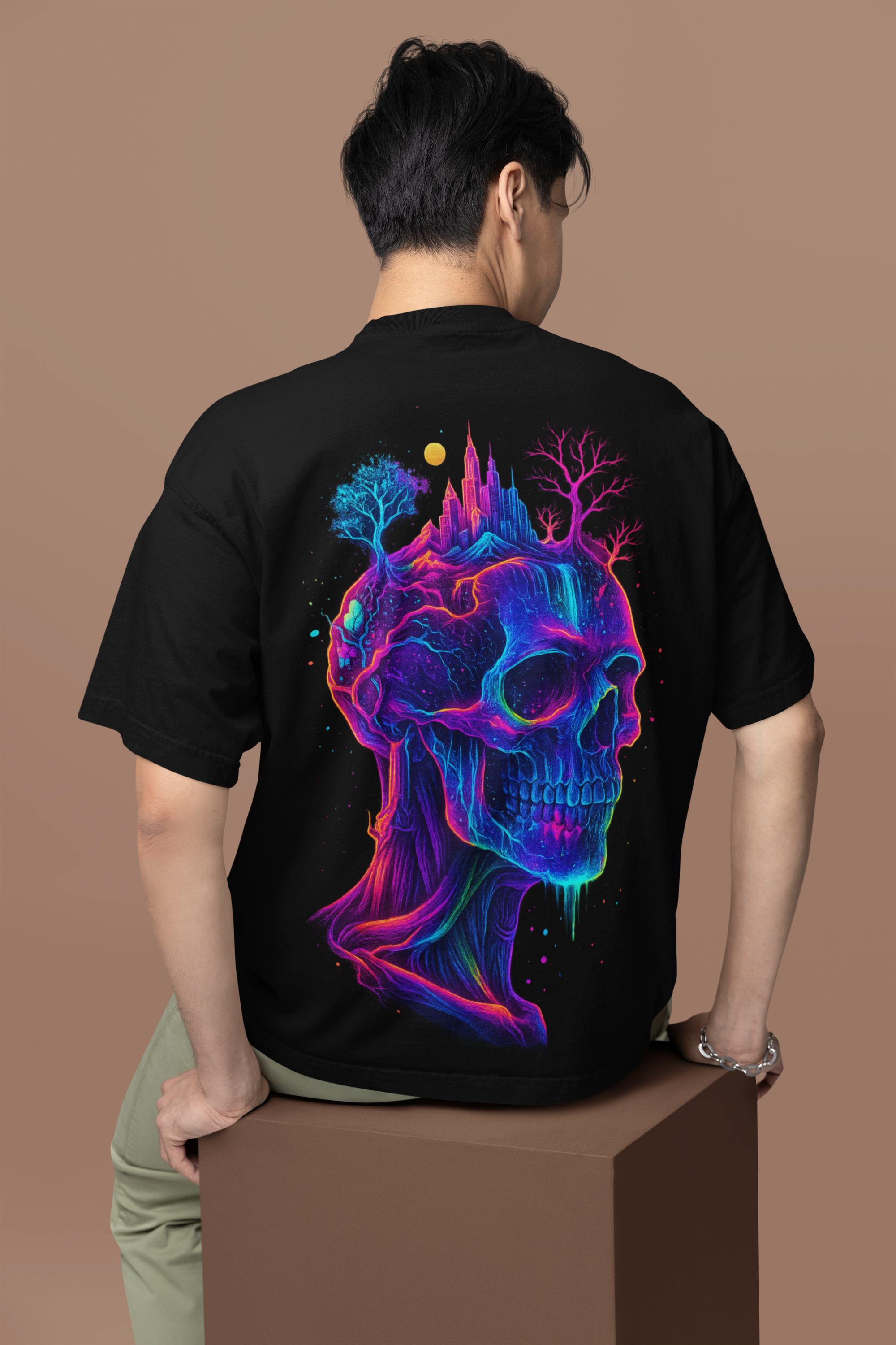 Image of Dinos “Neon Mind” Oversized Heavyweight T-Shirt | Psychedelic Skull Streetwear | Premium 100% Cotton - DINOS FASHION