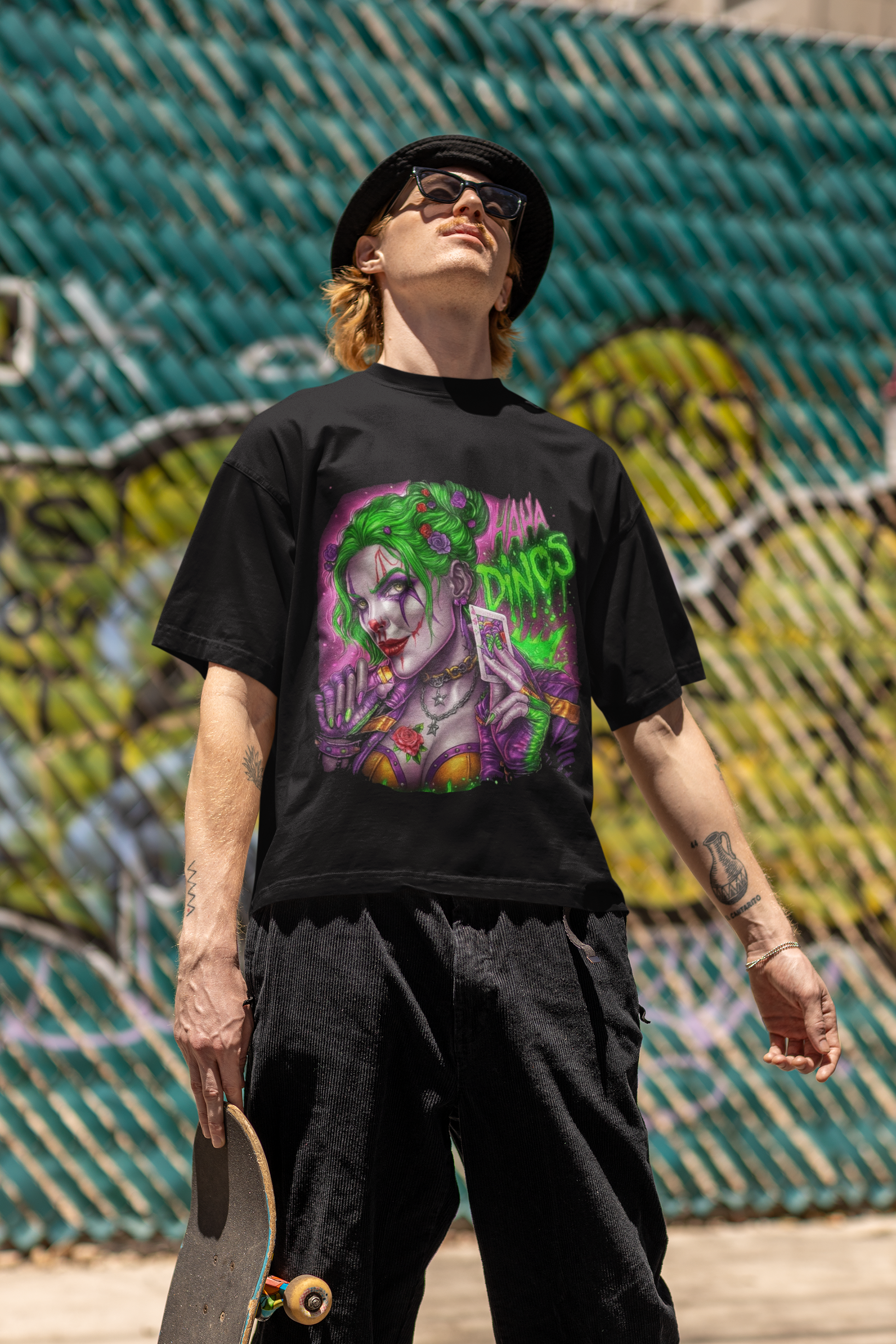 Harley Queen Oversized Tee – Dinos Premium Streetwear | Neon DTF Print | Bold Female Power Art Shirt