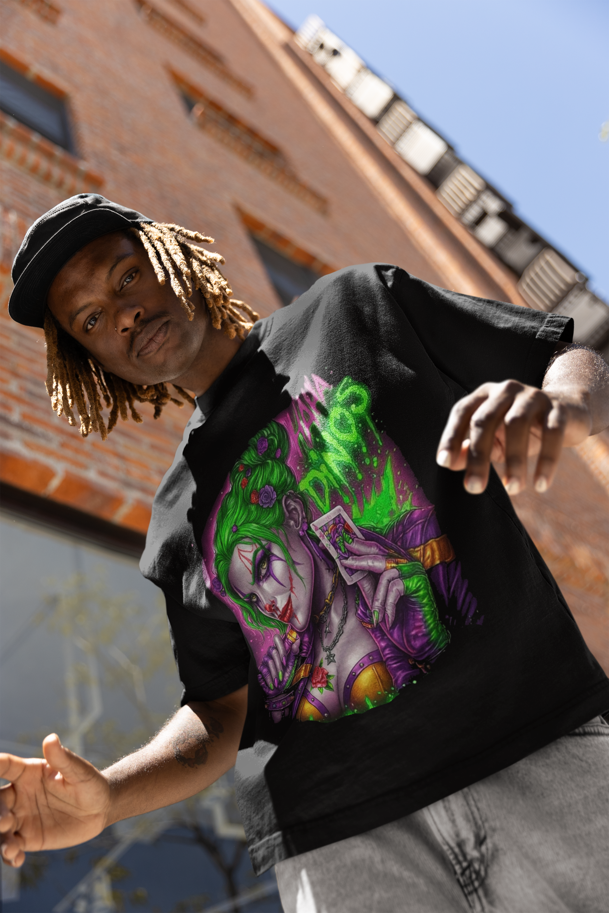 Harley Queen Oversized Tee – Dinos Premium Streetwear | Neon DTF Print | Bold Female Power Art Shirt