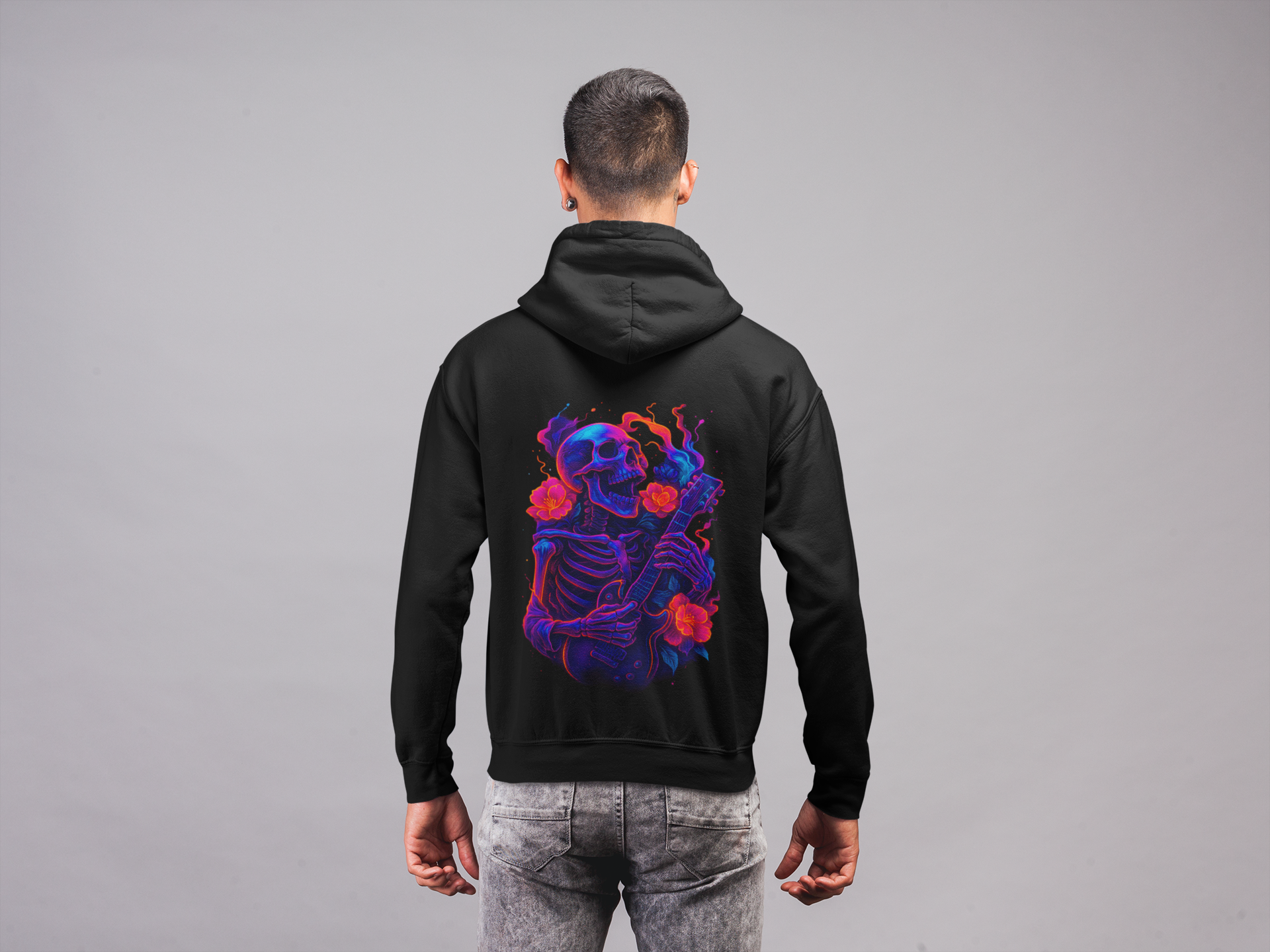 Dinos “Neon Skeleton Guitarist” Oversized Hoodie | One-of-One Limited Edition | Psychedelic Streetwear - DINOS FASHION