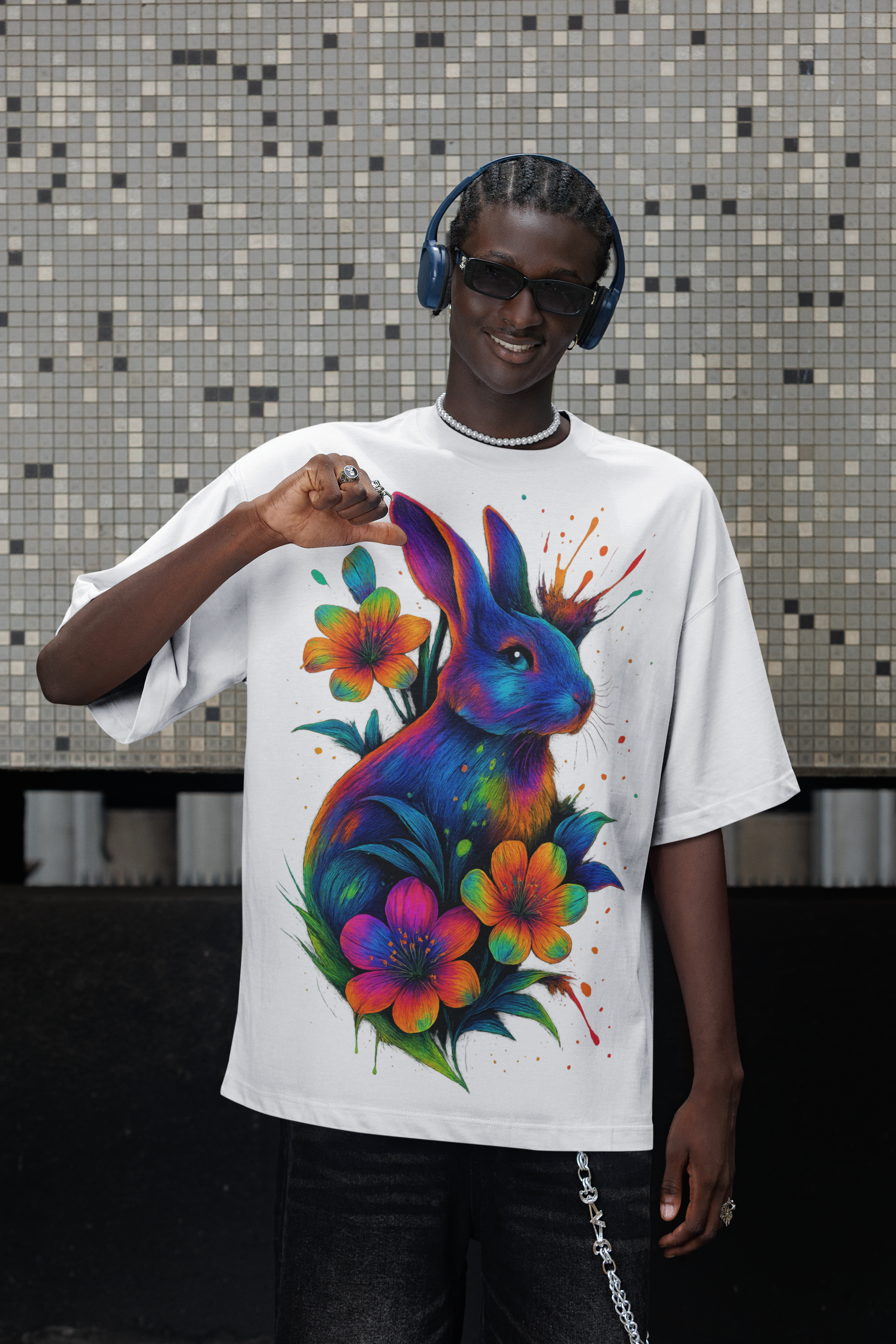 Image of Dinos “Neon Rabbit” T-Shirt | One-of-One Ultra-Premium Oversized Tee | Psychedelic Streetwear Art | by Dinos - DINOS FASHION