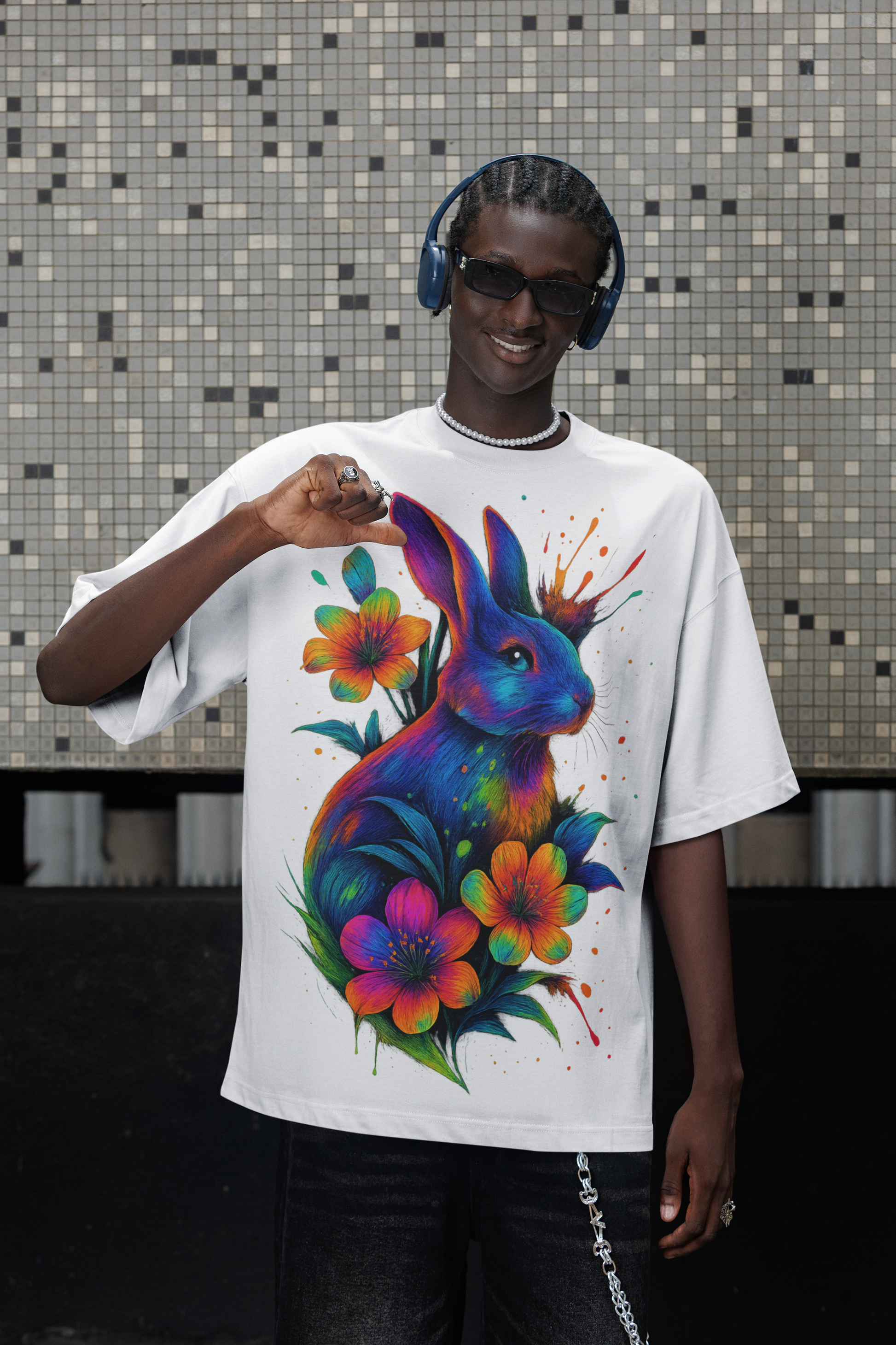Dinos “Neon Rabbit” T-Shirt | One-of-One Ultra-Premium Oversized Tee | Psychedelic Streetwear Art | by Dinos - DINOS FASHION