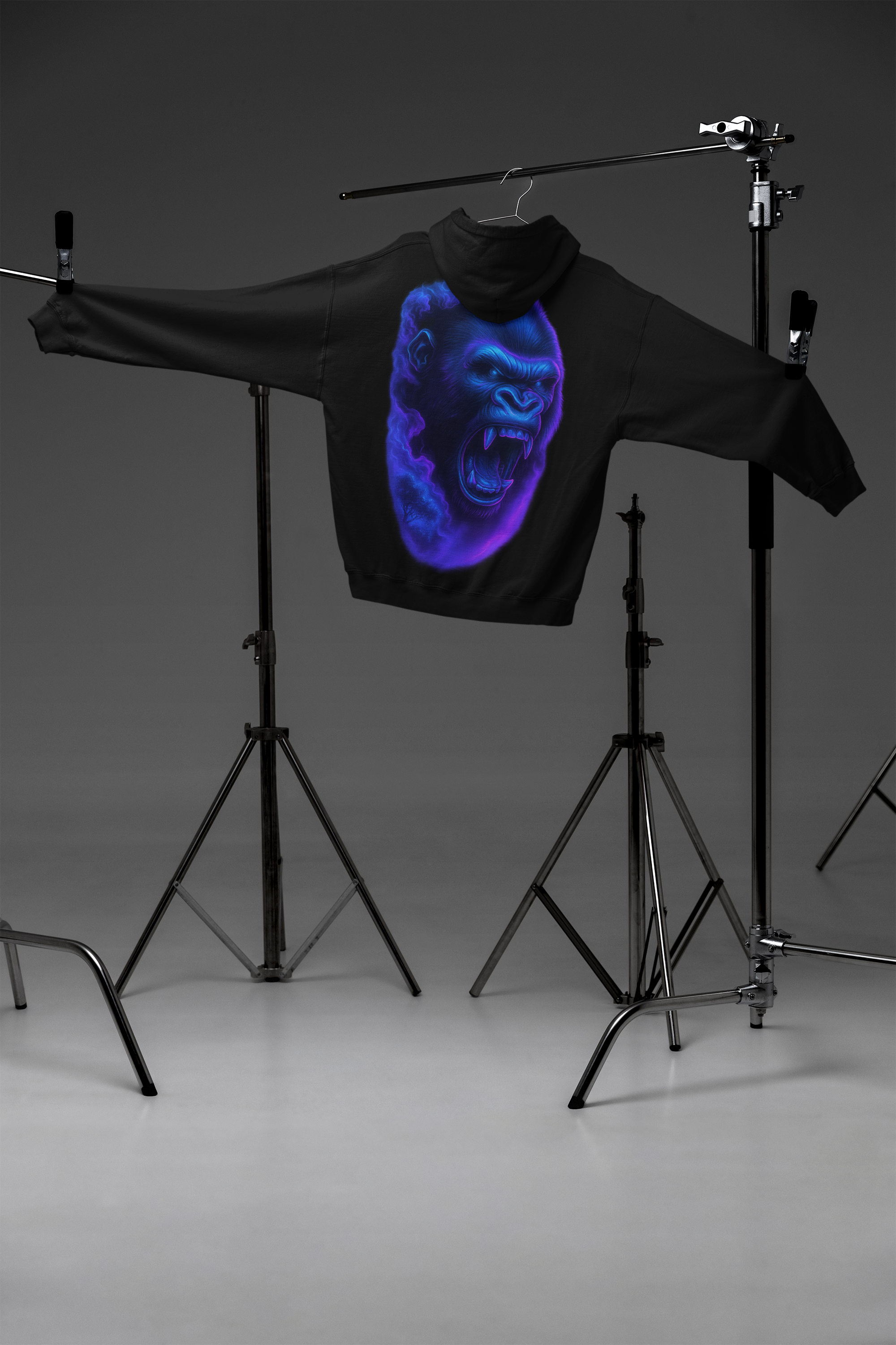 Image of Dinos “Neon Gorilla” Hoodie | One-of-One Ultra-Premium Streetwear | Fluorescent Blue & Violet Glow | by Dinos - DINOS FASHION