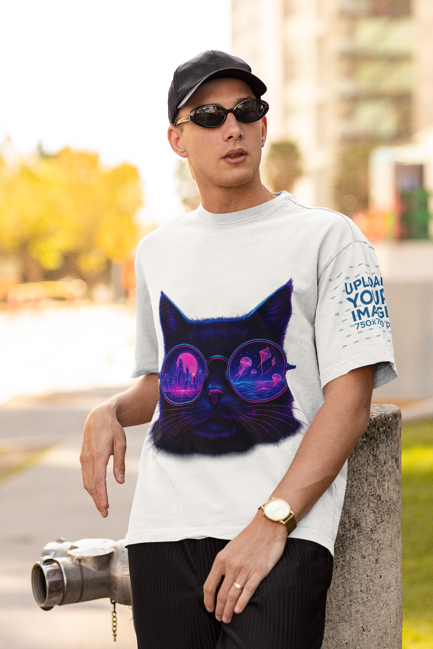 Dinos “Neon Vision” Oversized T-Shirt | Cyber Cat with Reflective Glasses | Premium 100% Cotton Streetwear - DINOS FASHION