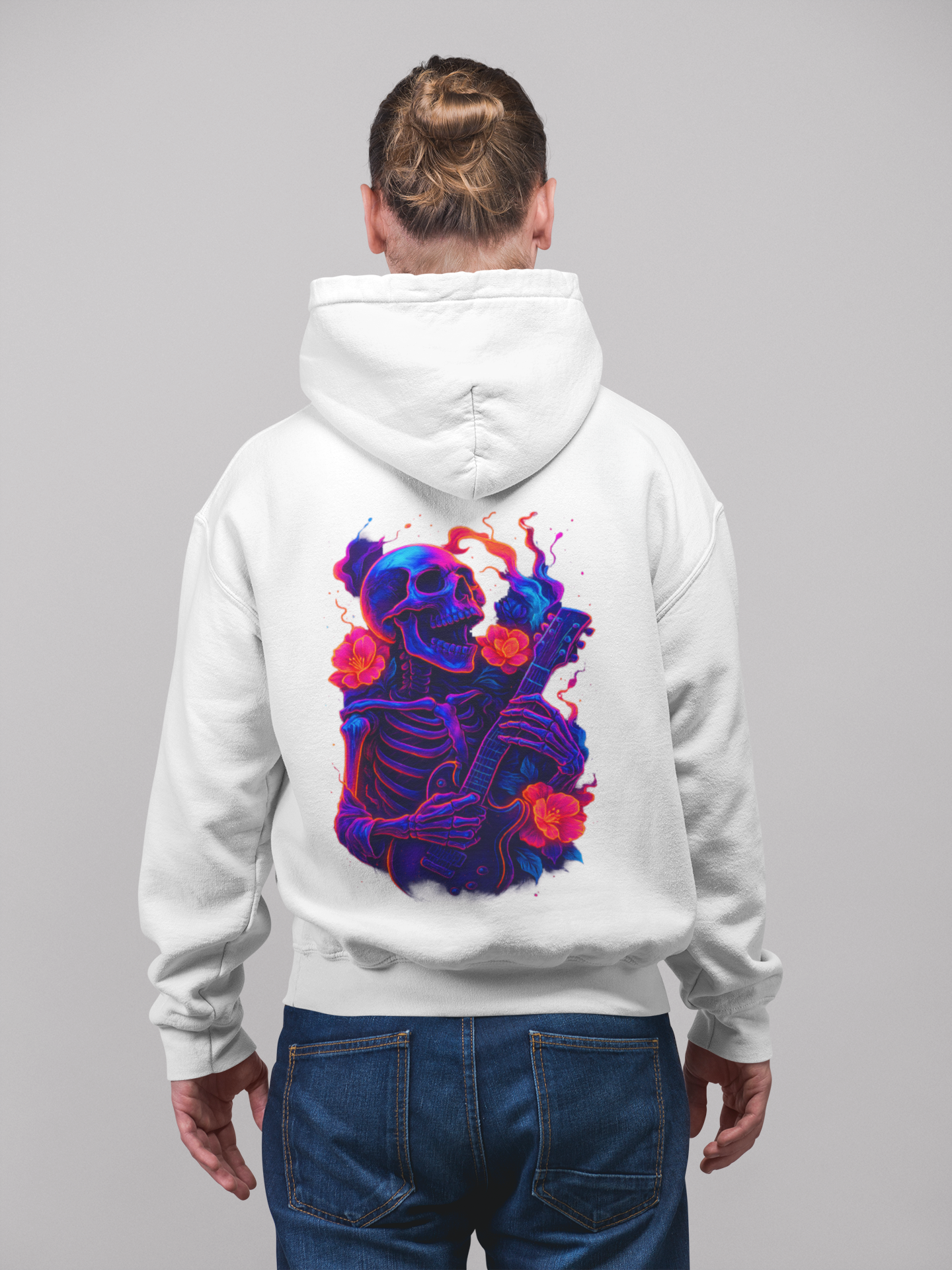 Image of Dinos “Neon Skeleton Guitarist” Oversized Hoodie | One-of-One Limited Edition | Psychedelic Streetwear - DINOS FASHION