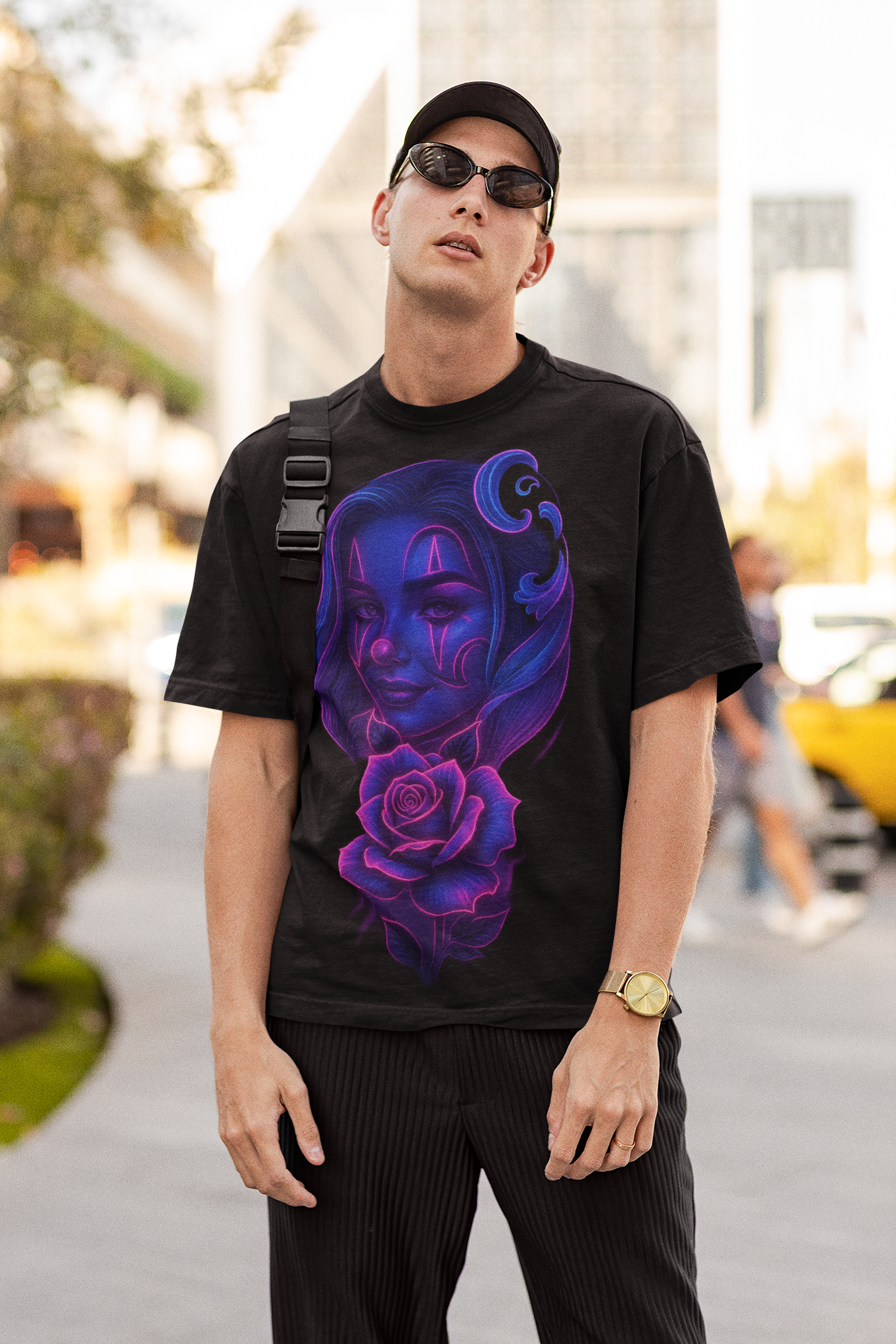 Image of Dinos “Luna Rose” Oversized T-Shirt | Neon Female Clown Portrait | Premium 100% Cotton Artistic Streetwear - DINOS FASHION