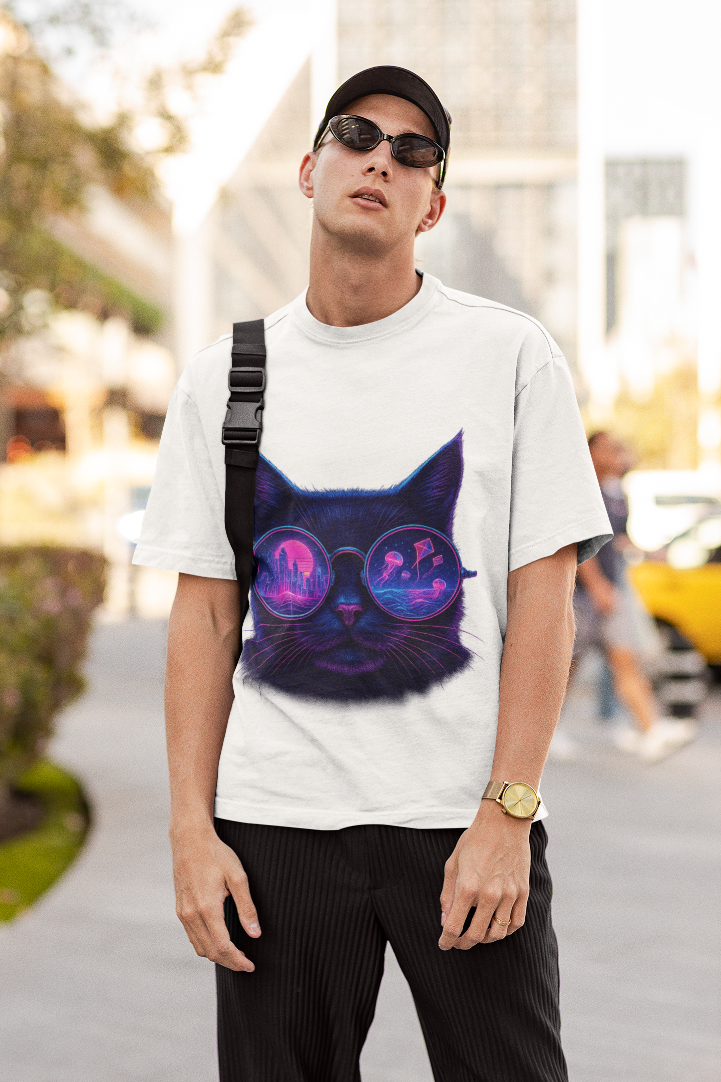 Dinos “Neon Vision” Oversized T-Shirt | Cyber Cat with Reflective Glasses | Premium 100% Cotton Streetwear - DINOS FASHION