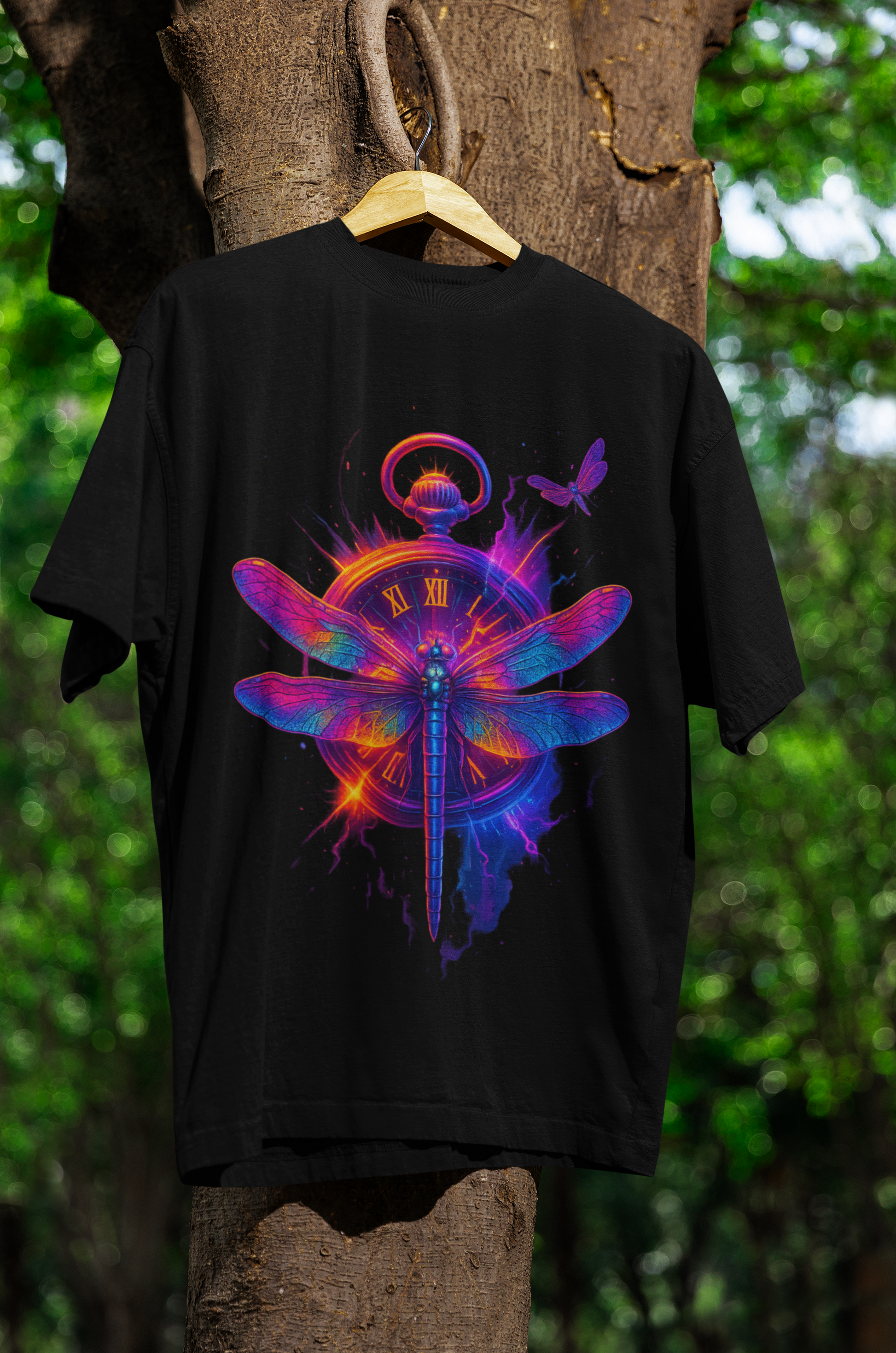 Dinos “Timeless Wings” Oversized T-Shirt | Neon Dragonfly & Clock Design | Premium 100% Cotton Artistic Streetwear - DINOS FASHION