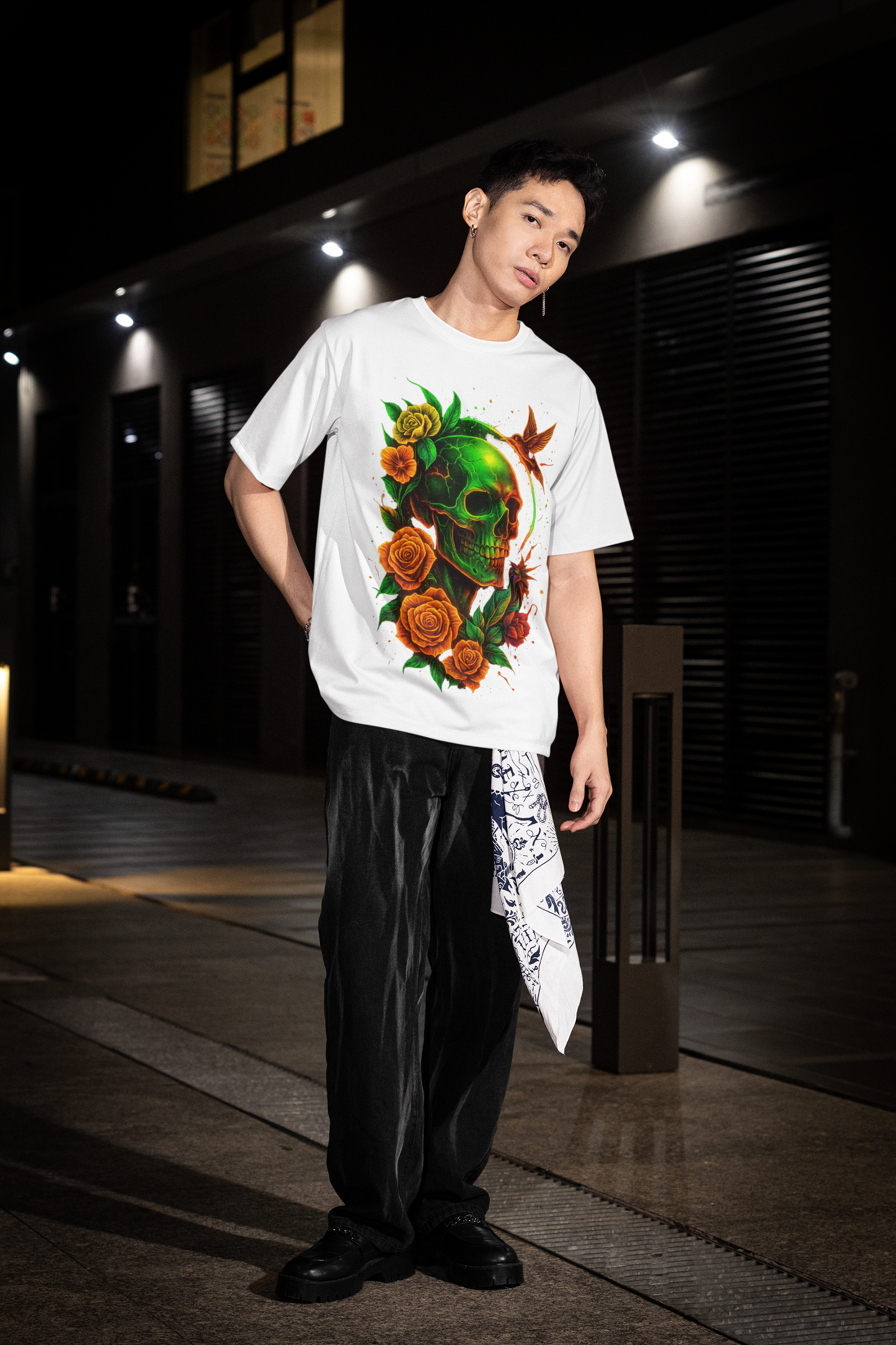 Image of Dinos “Emerald Skull” Oversized Heavyweight T-Shirt | Neon Floral Skull Art | Premium Streetwear - DINOS FASHION