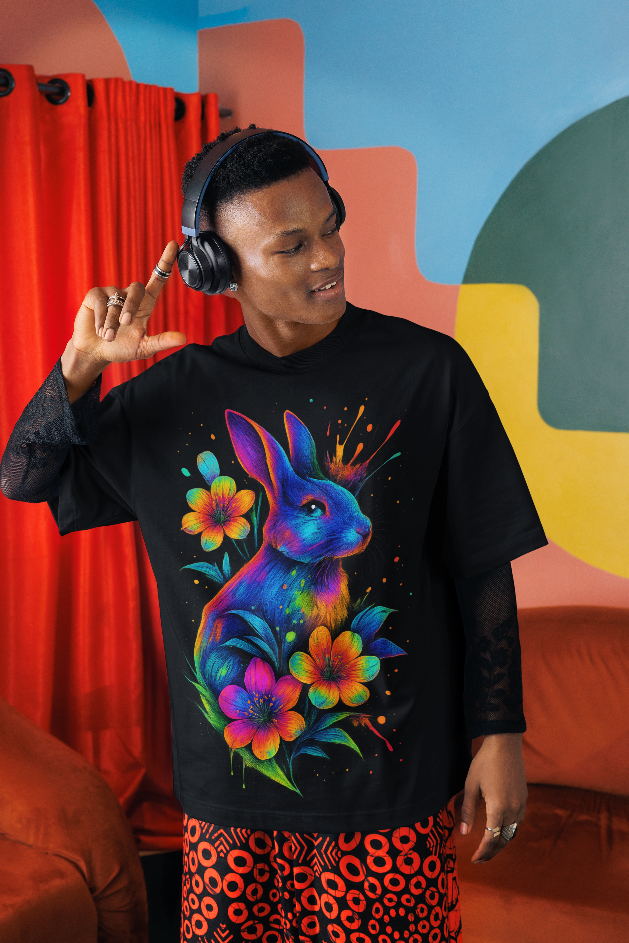 Image of Dinos “Neon Rabbit” T-Shirt | One-of-One Ultra-Premium Oversized Tee | Psychedelic Streetwear Art | by Dinos - DINOS FASHION