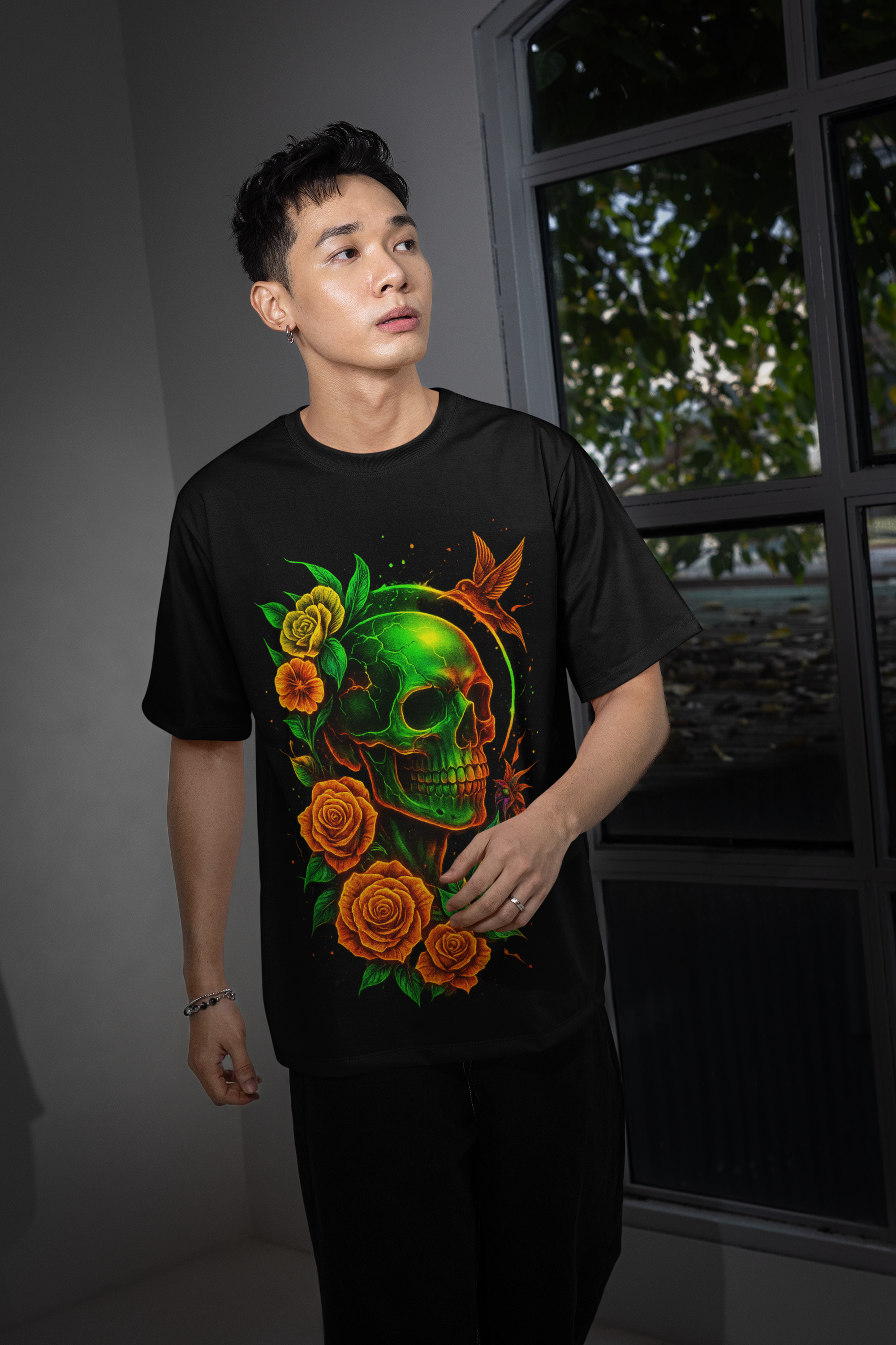 Dinos “Emerald Skull” Oversized Heavyweight T-Shirt | Neon Floral Skull Art | Premium Streetwear - DINOS FASHION